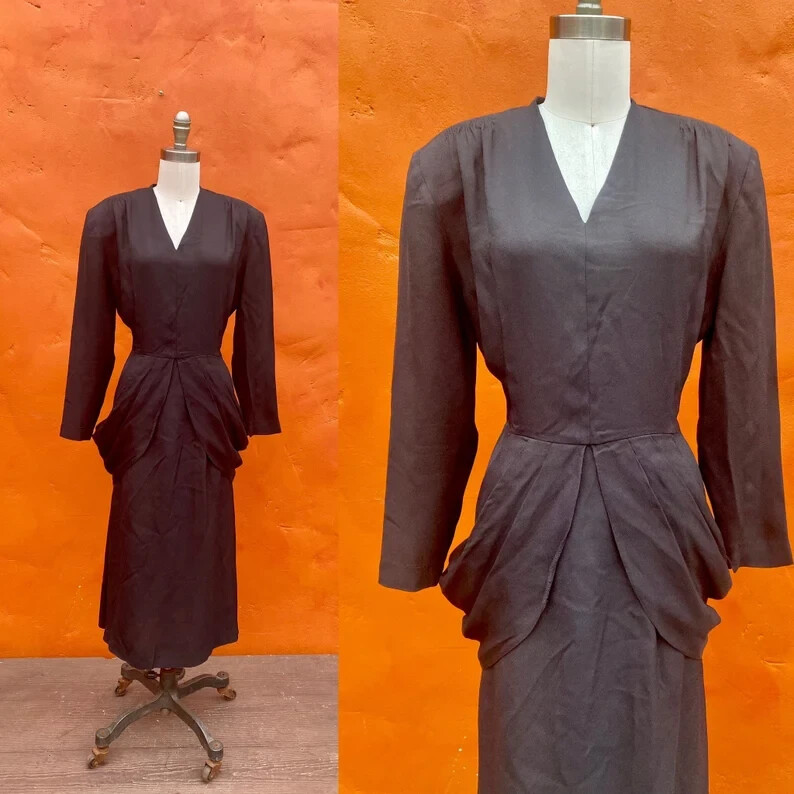 Vintage 1980s does 1940s Black Rayon Peplum Dress Pinup Party Cocktail