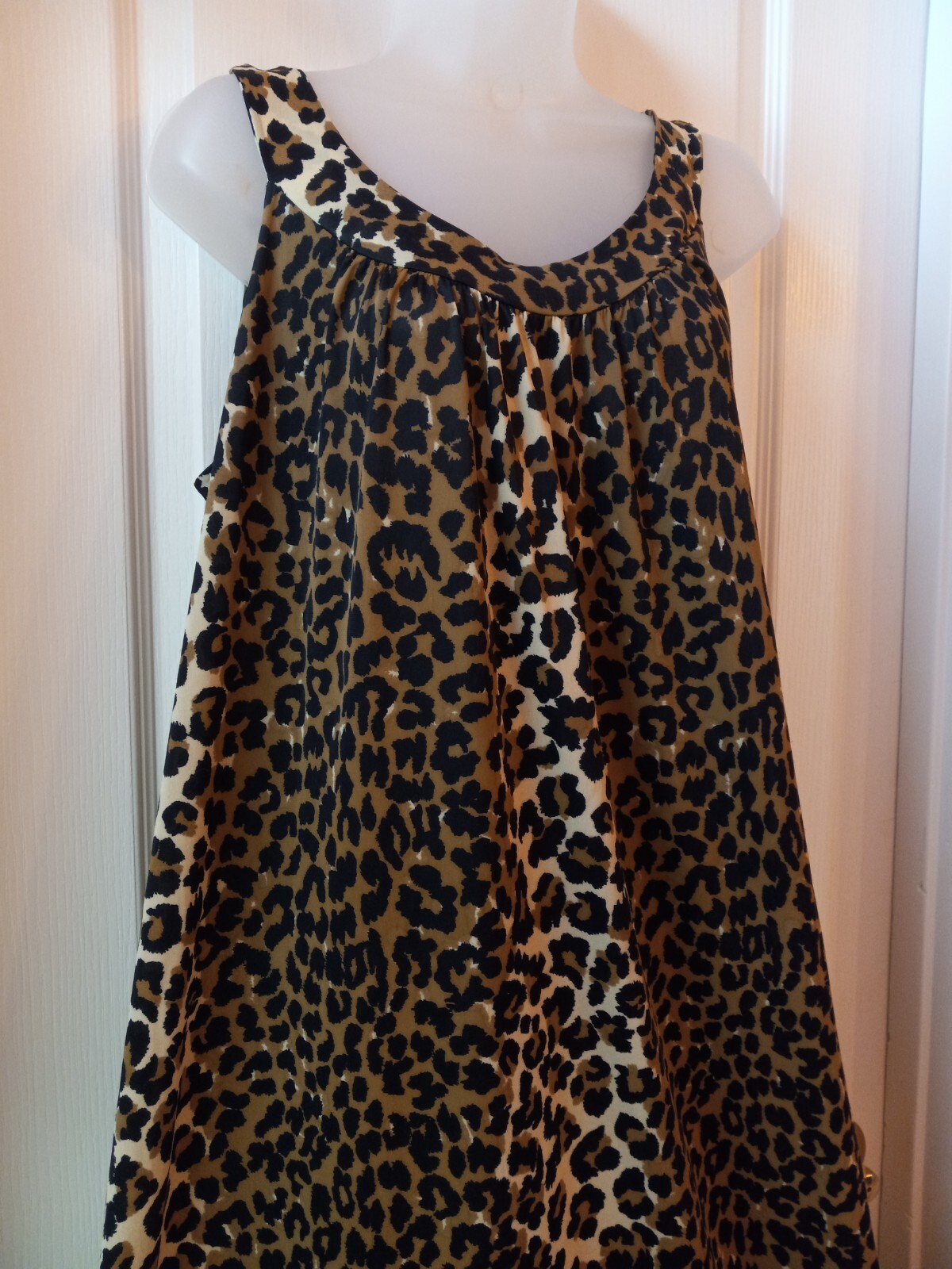 Vintage 60s Leopard Nylon High Collar Sleeveless Muumuu Nightgown Tiki Oasis L
