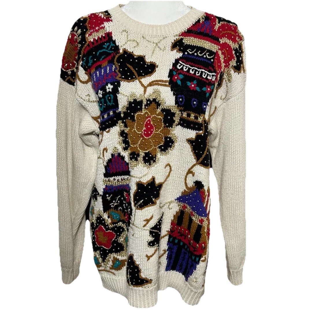 Vintage 1993 Casual Corner Beaded Oversized Granny Knit Sweater Size Medium