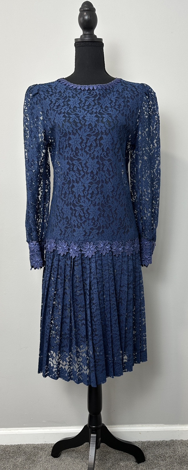 Antique 1920s Day Dress S Blue Sheer Lace Drop Waist Flapper Roaring Gatsby Vtg