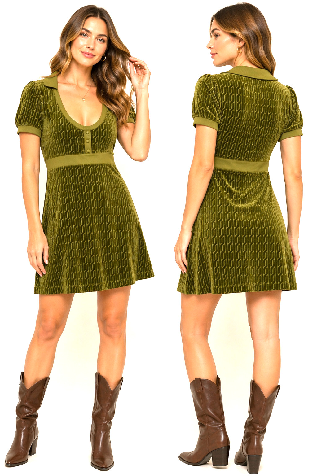 Juicy Couture Green Velvet Dress XL Empire Waist Short Sleeve Mini Dress