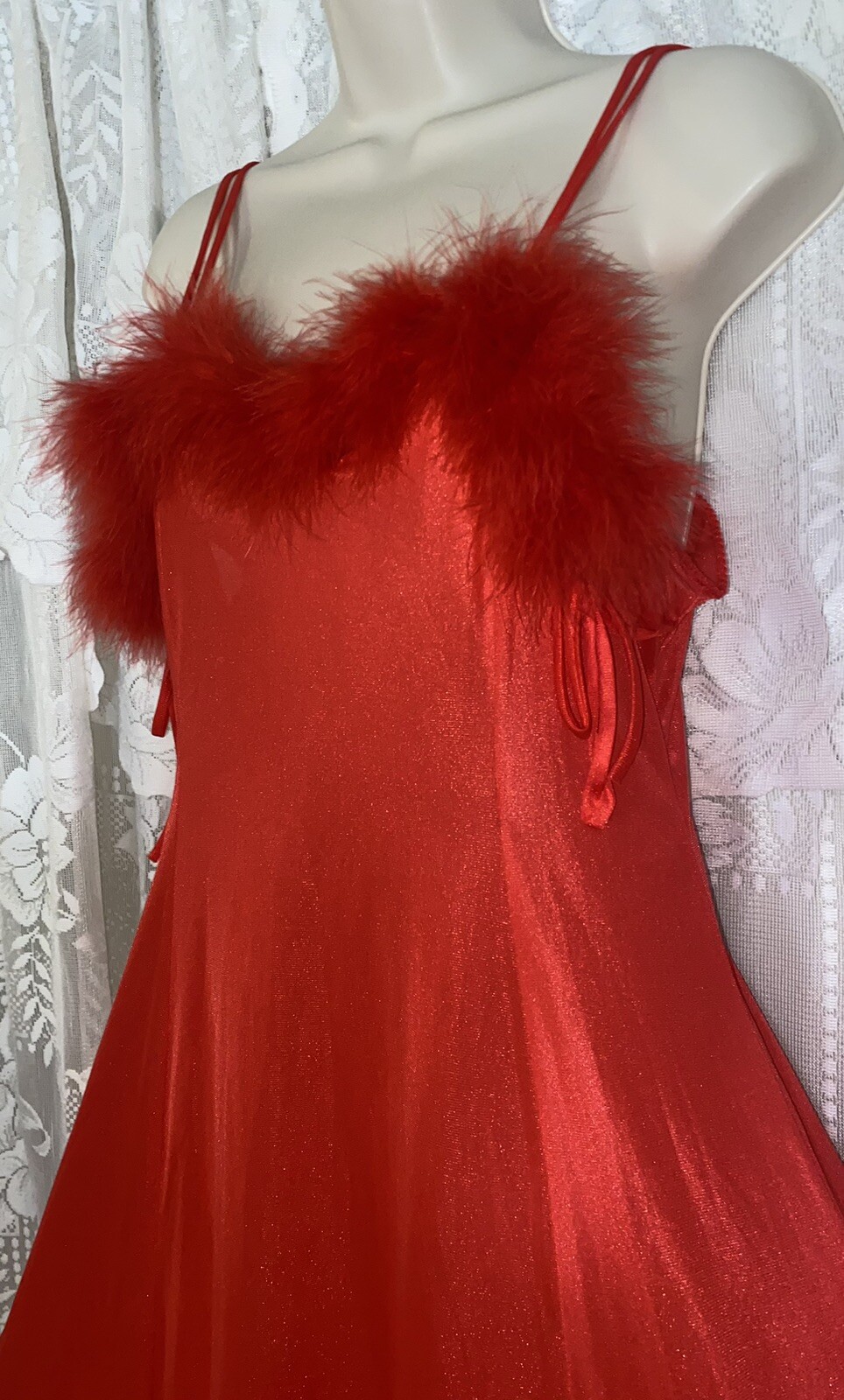 VTG M TRUE RED Nylon Full Sweep Glamour Nightgown Negligee w Real Marabou Trim