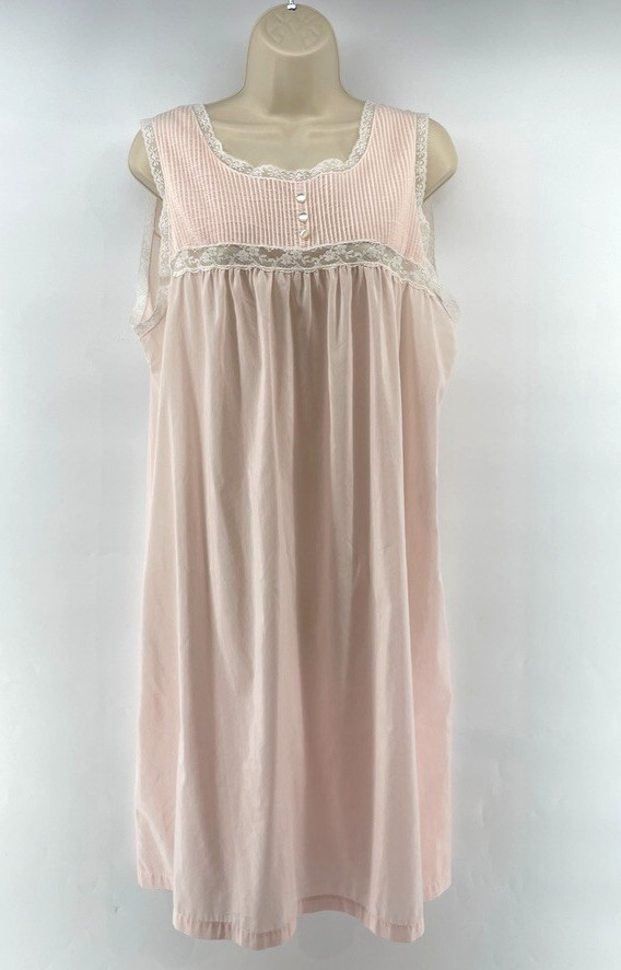Vintage BARBIZON Nightgown L Pink Babydoll Sleeveless Lace Trim Pintucks Cottage