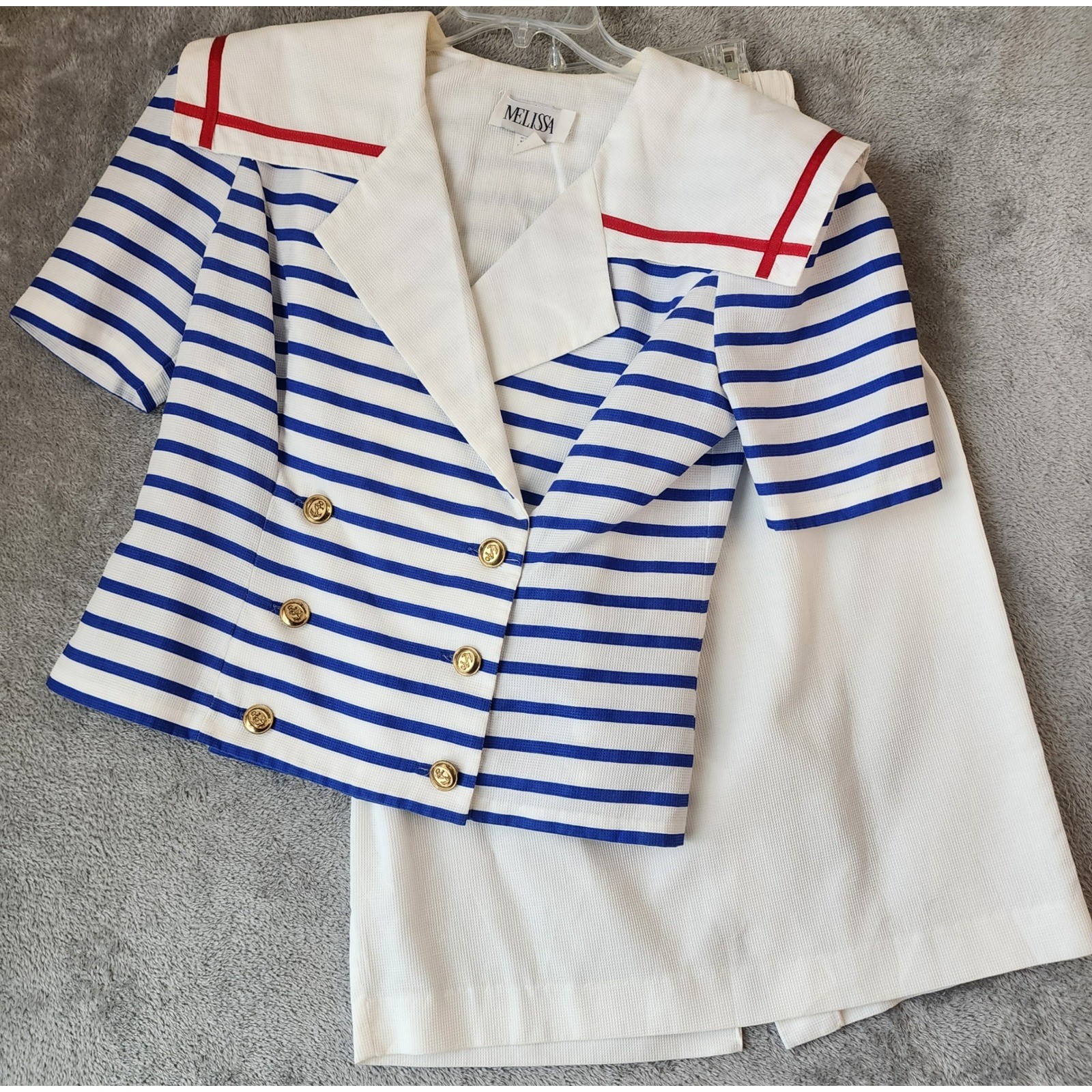 Melissa Skirt Set Womens Size 14 White Blue Nautical Sailor Striped Blazer VTG