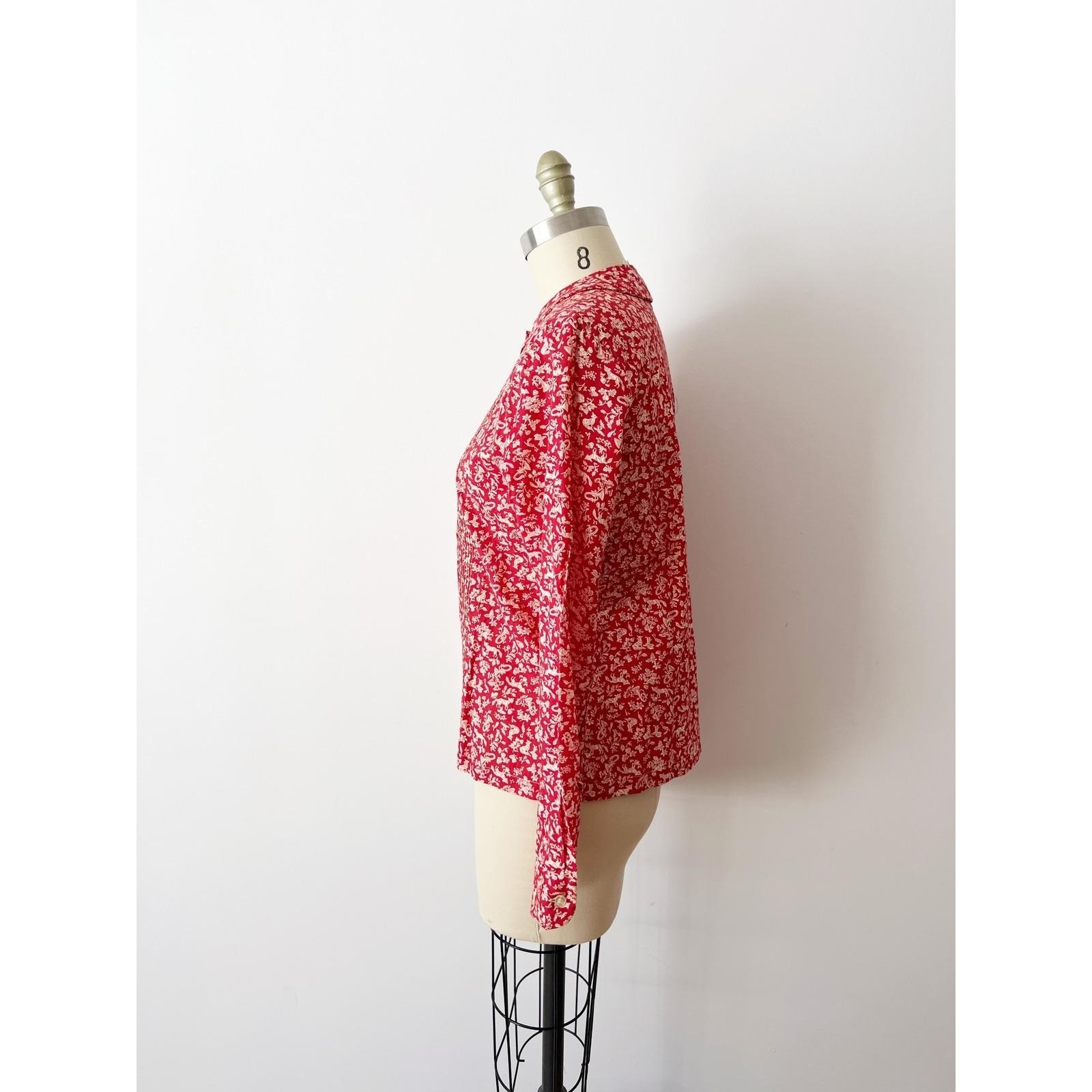 SIZE S Fox Print Toile Blouse, Pintuck Peter Pan Collar Long Sleeve Cotton Shirt