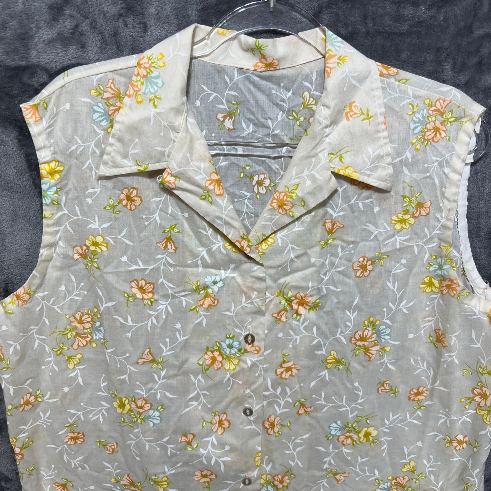 VTG Handmade Floral Sleeveless Button Down Shirt Blouse Cottage Hippy Retro Top