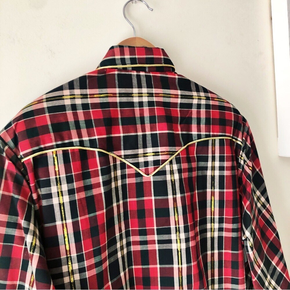 80s Kenny Rogers Western Plaid Button Down Piped Yoke Rodeo Chic Pearl Snap Sz M