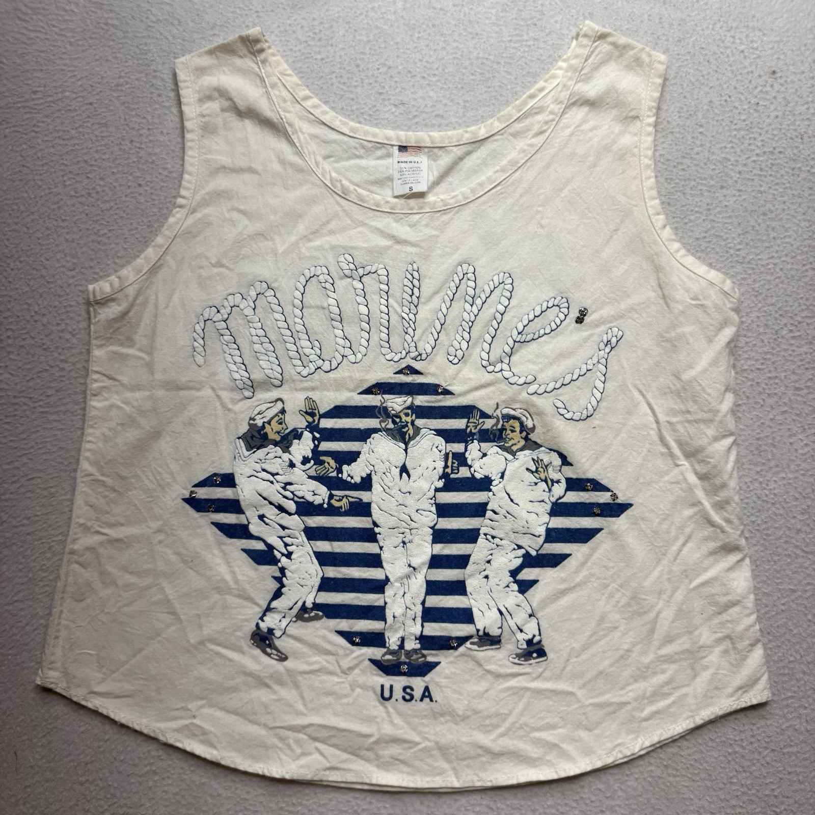 Vintage 80s United States Marine Tank Top Shirt Bedazzled Embroidered Studded S