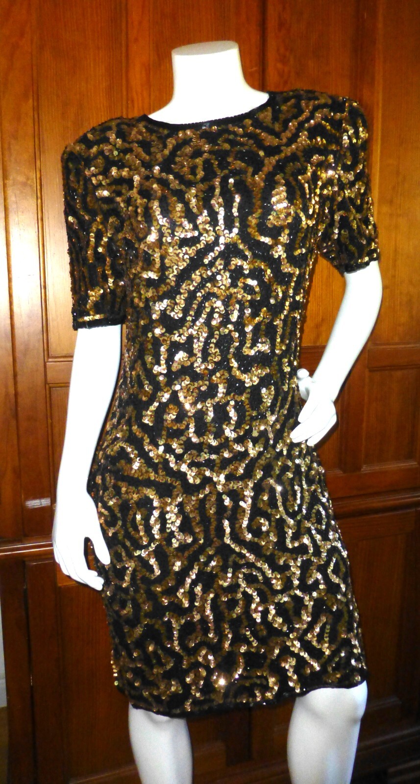 Vtg 80s Black Gold SEQUINS Beads Embroidery SILK Evening Formal Sheath Dress M