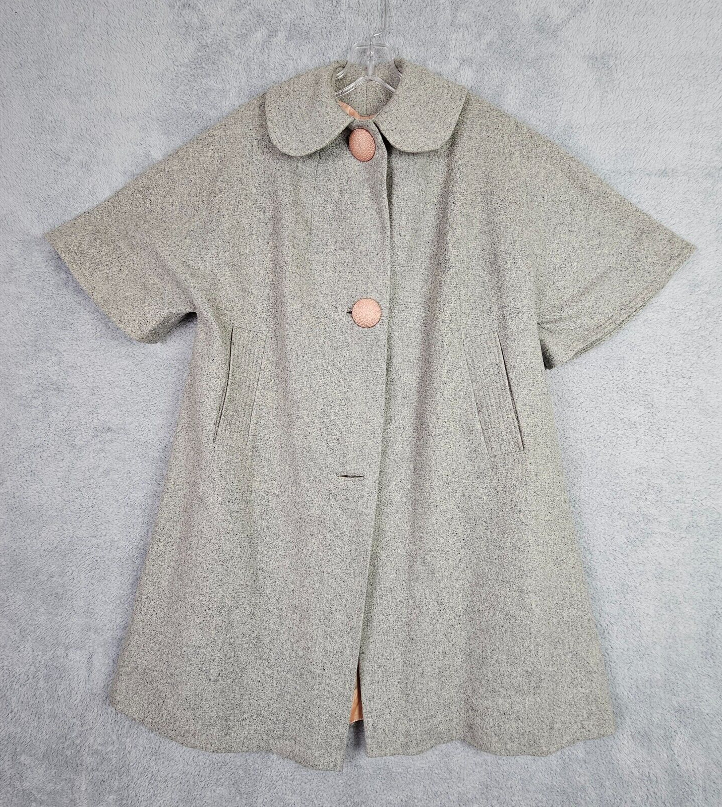 Vintage 50s Swing Coat Large Gray Wool Tweed Peter Pan Collar Button Up Pockets