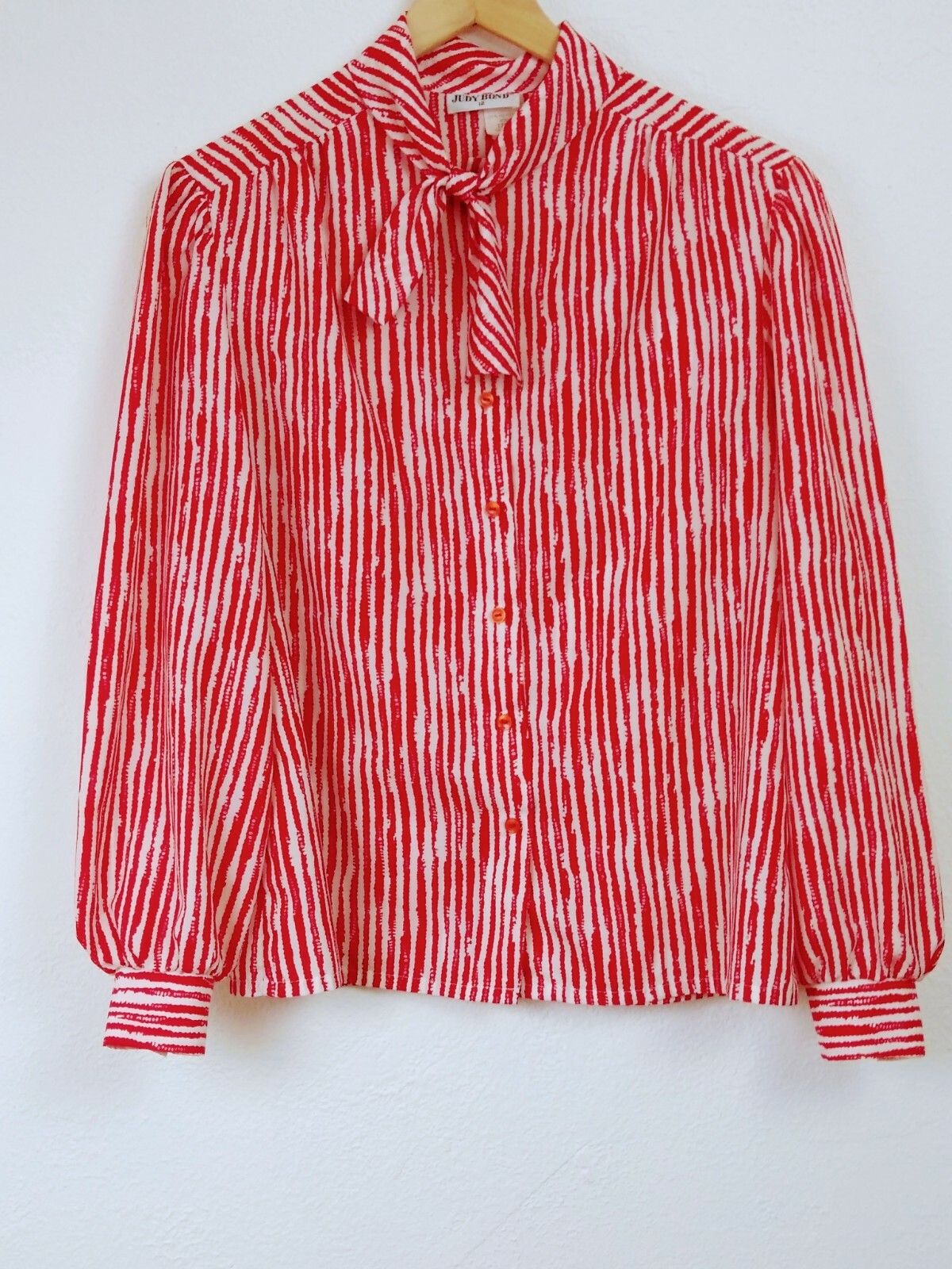 Vtg 70s 80s Judy Bond Red and White Blouse Shirt with Bow Sz 12