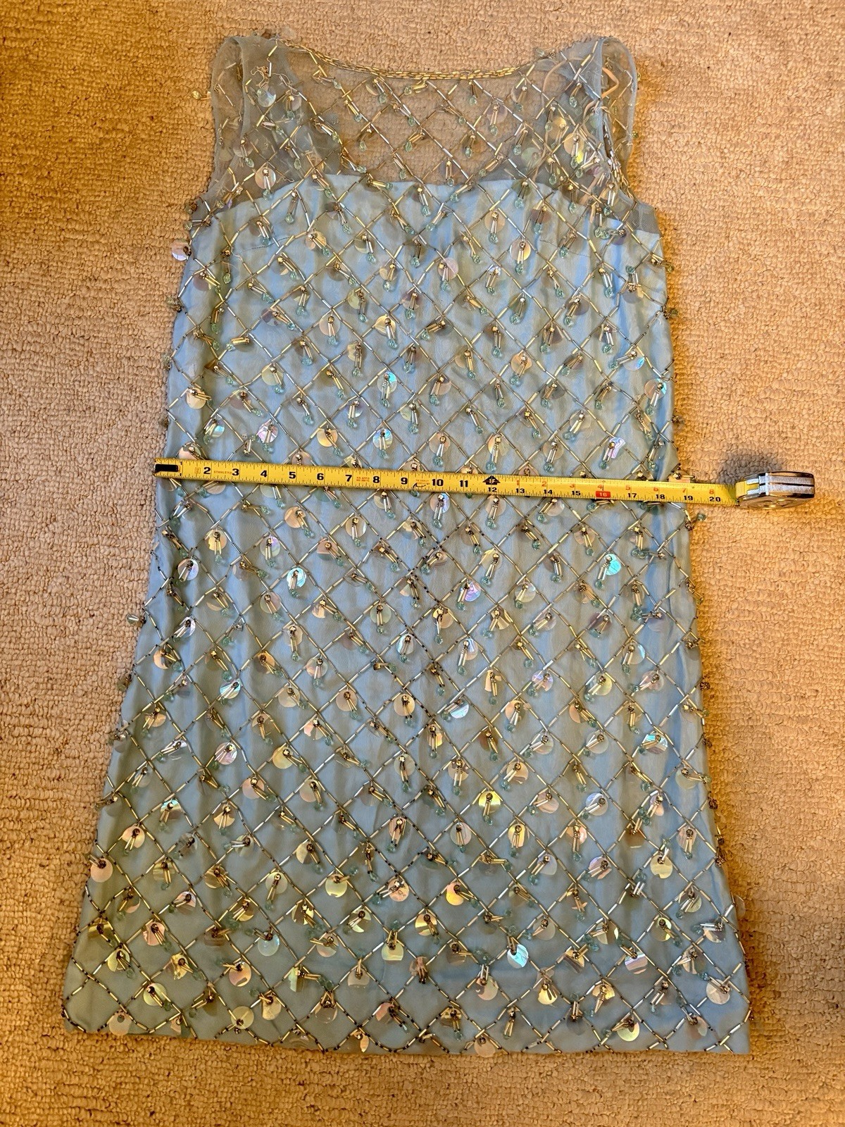 Vintage Blue Sleeveless Sequin Beaded Mesh Shift Dress Cocktail Eveningwear 10