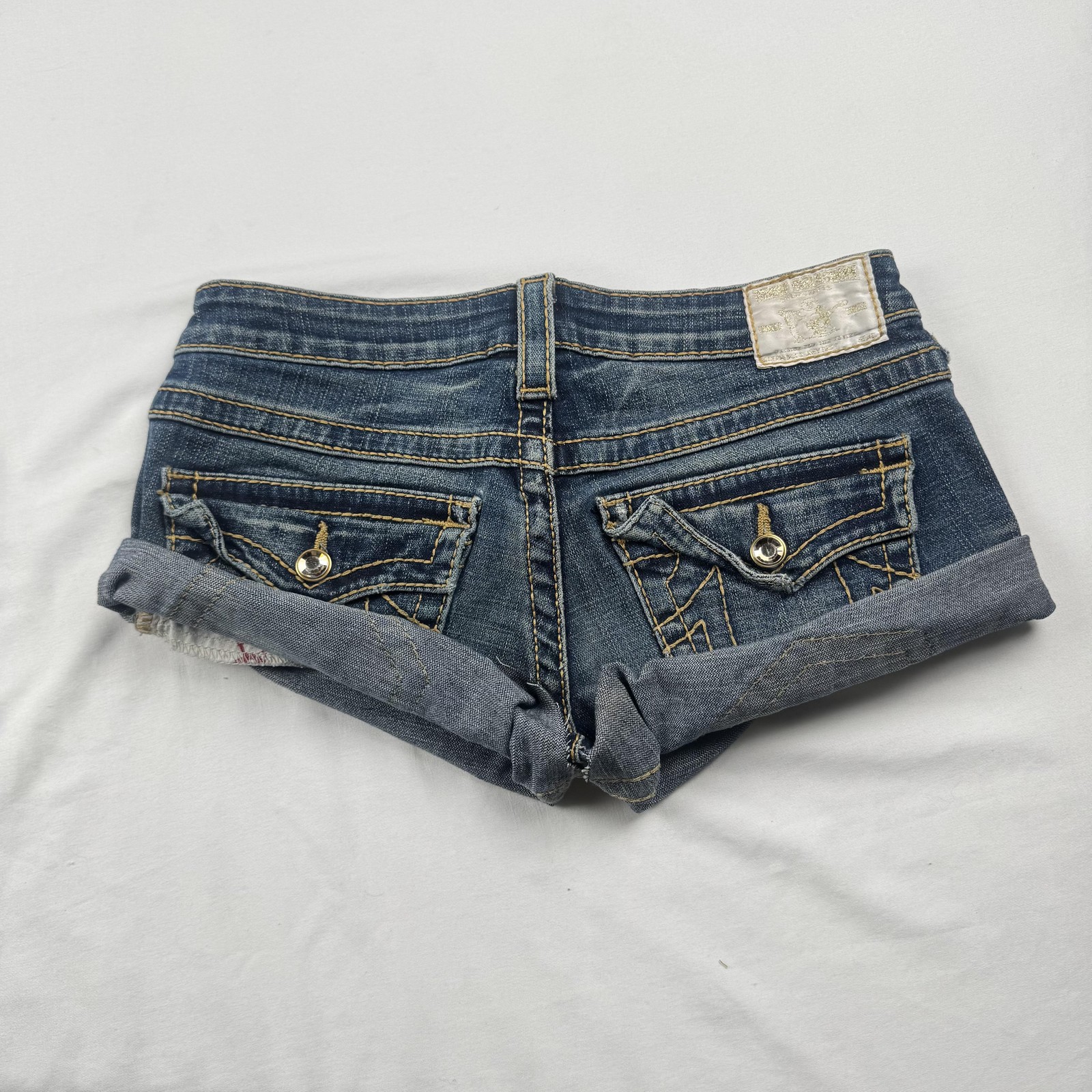 True Religion Denim Shorts Womens 27 Blue Rolled Cuff Embellished Pockets Casual