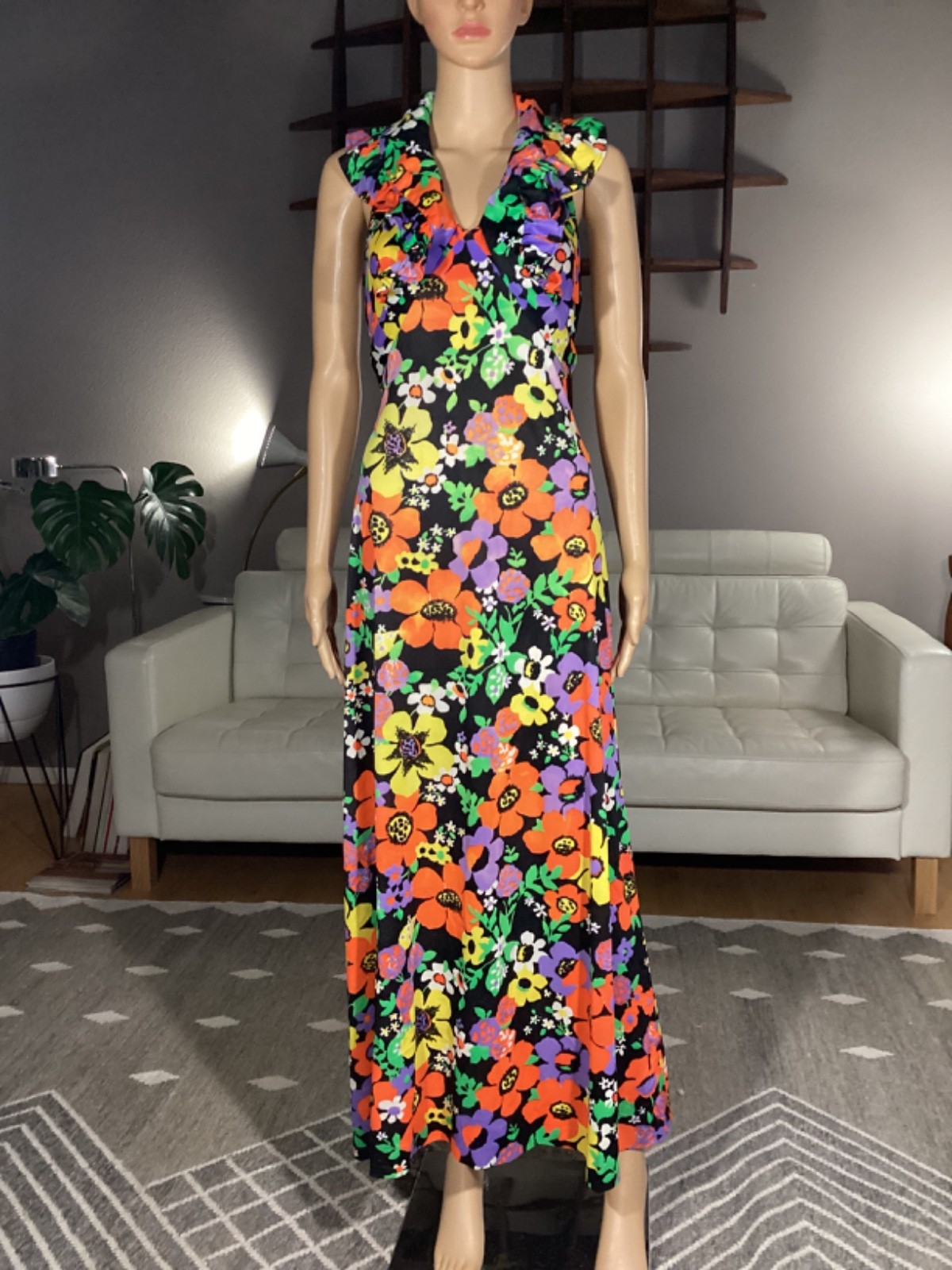 Vintage 70&rsquo;s Joseph Magnin Bright Floral Flower Power Ruffle Halter Maxi Dress