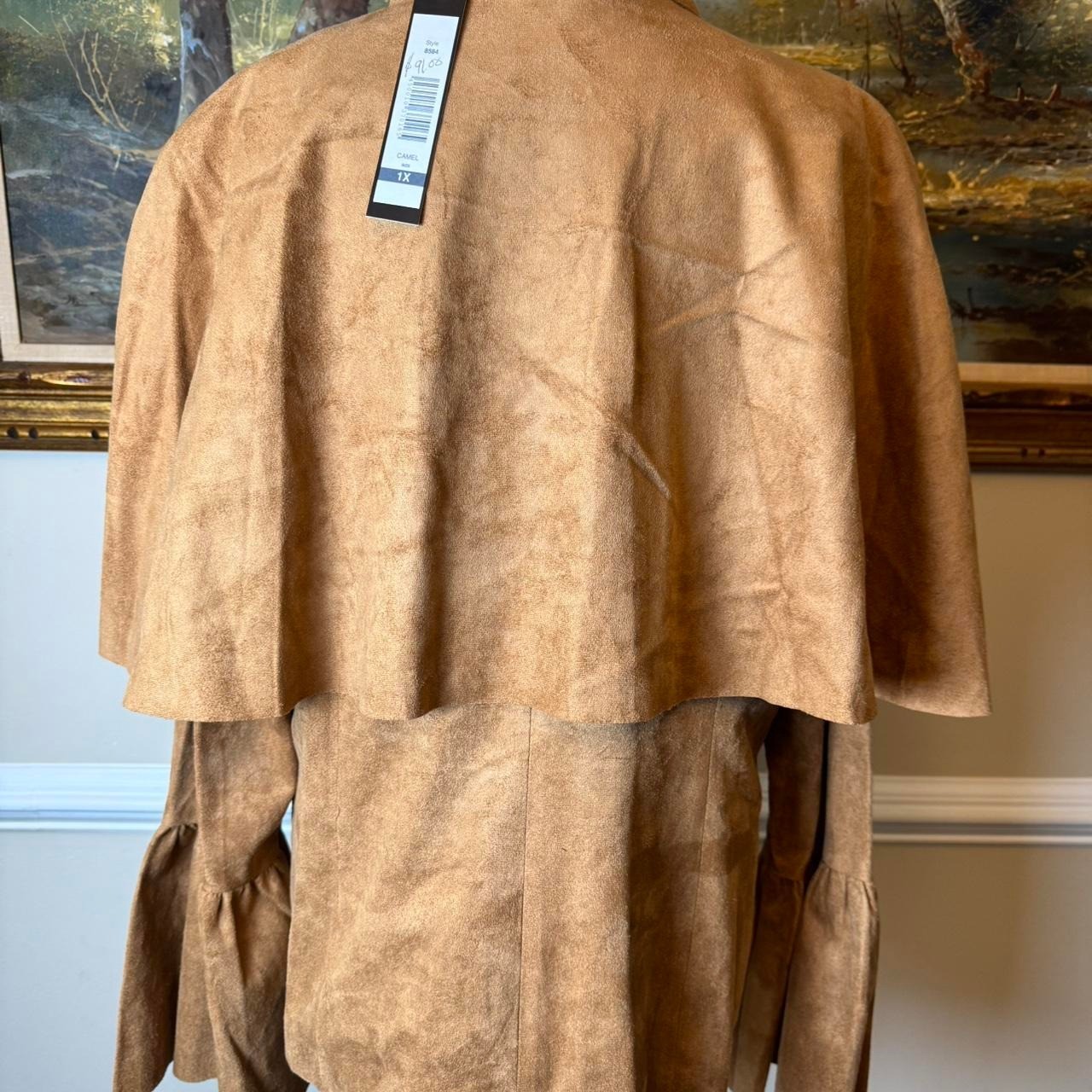 Vintage Camel Faux Suede Capelet Jacket Plus 1X Bell Sleeve Double Breasted Boho