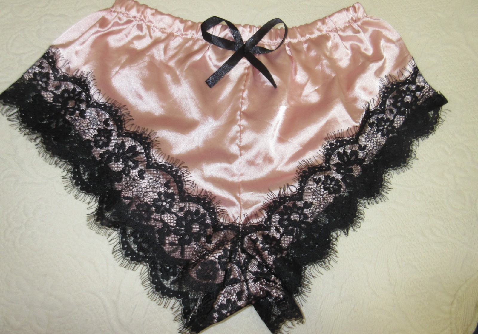 BLACK LACE PINK SATIN SEXY hi wide tap panty sleep shorts slippery poly sz S