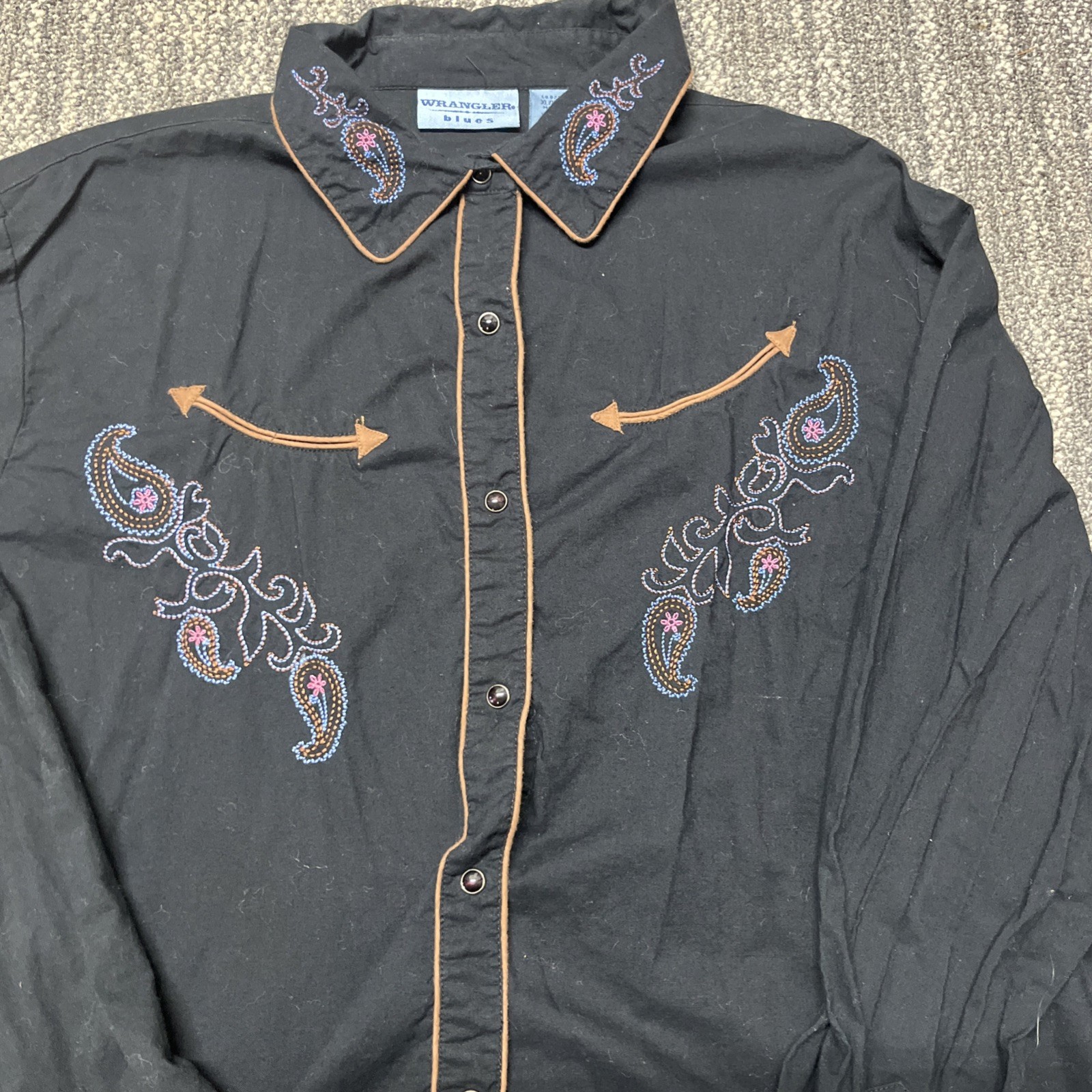 Vintage Wrangler Blues Western Snap Button Womens Youth Size XL Black Shirt