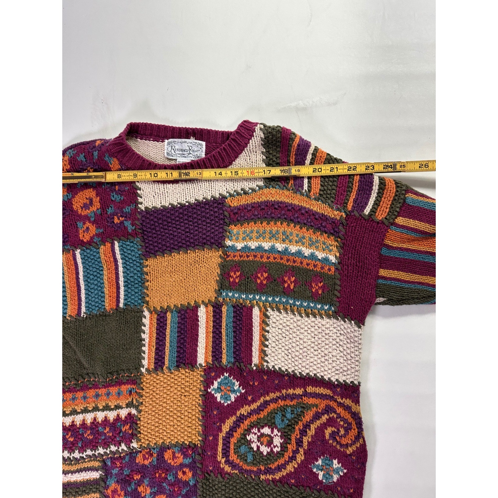 Reference Point Vintage 90s Patchwork Knit Sweater Sz Medium Ramie Cotton Mix
