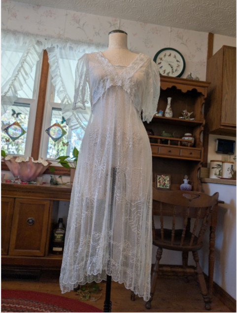 (6) Vintage or Antique Tambour Lace SHEER White Wedding Dress FLORAL Victorian