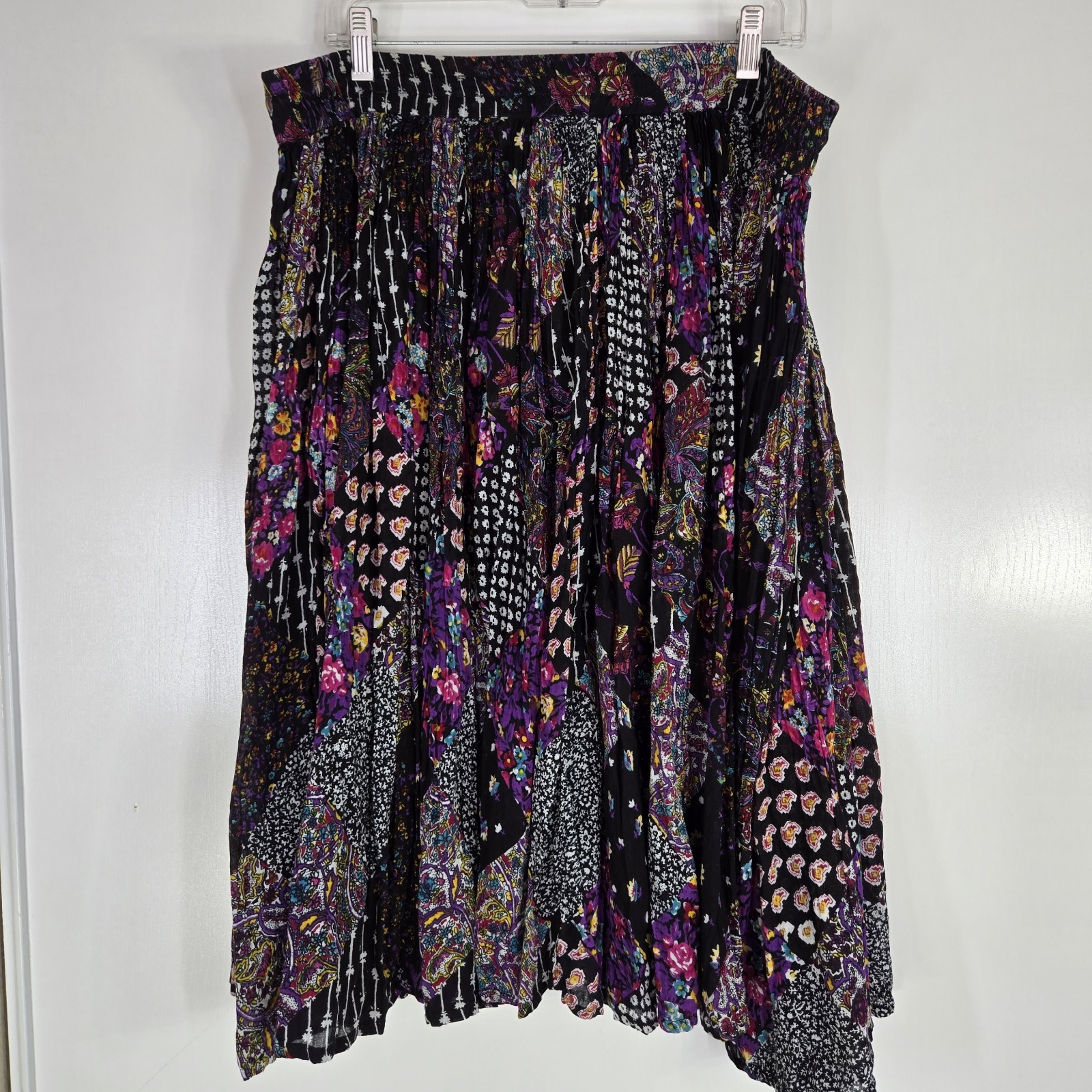Vintage 1990s Basic Edition Floral Patchwork Skirt Black and Pink Flowy Gypsy M