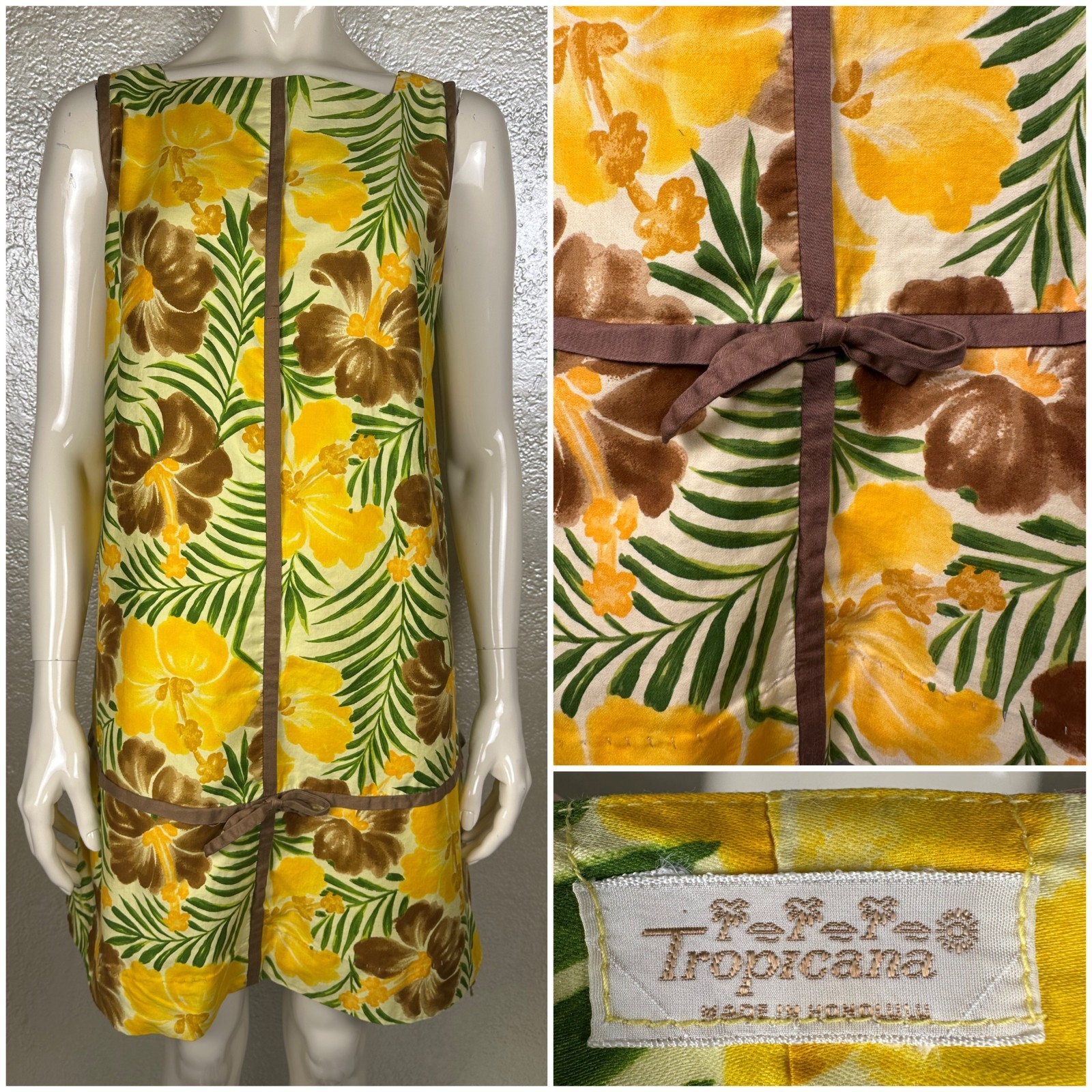 Vintage 1960s Ladies TROPICANA HONOLULU Yellow Brown Hawaiian Dress Sleeveless