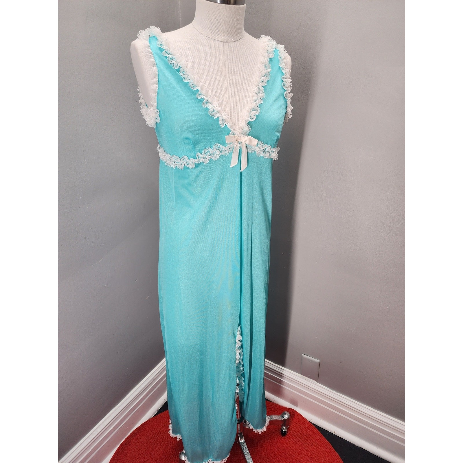 80s Robin Egg Blue Nylon Lace Column Gown Made in USA – M