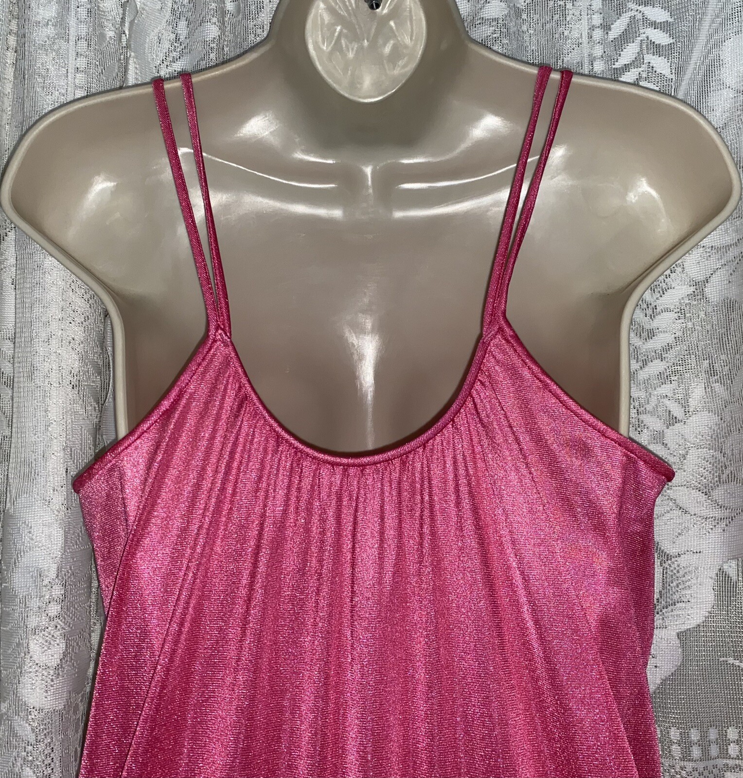 VTG M+ Raspberry Pink Princess Silky Soft Nylon Nightgown w Inset Crochet Lace