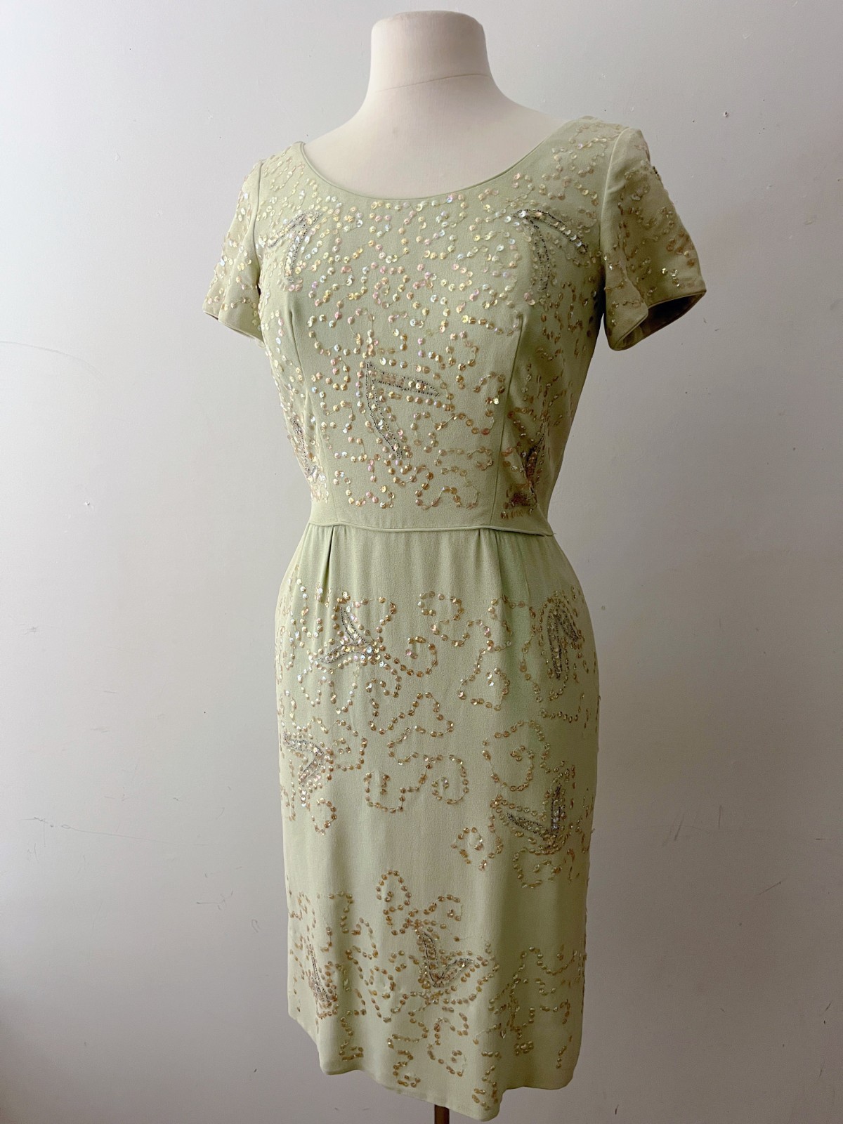 Vintage 50s 60s Mint Green Iridescent Sequin Cocktail Dress Sz S/M