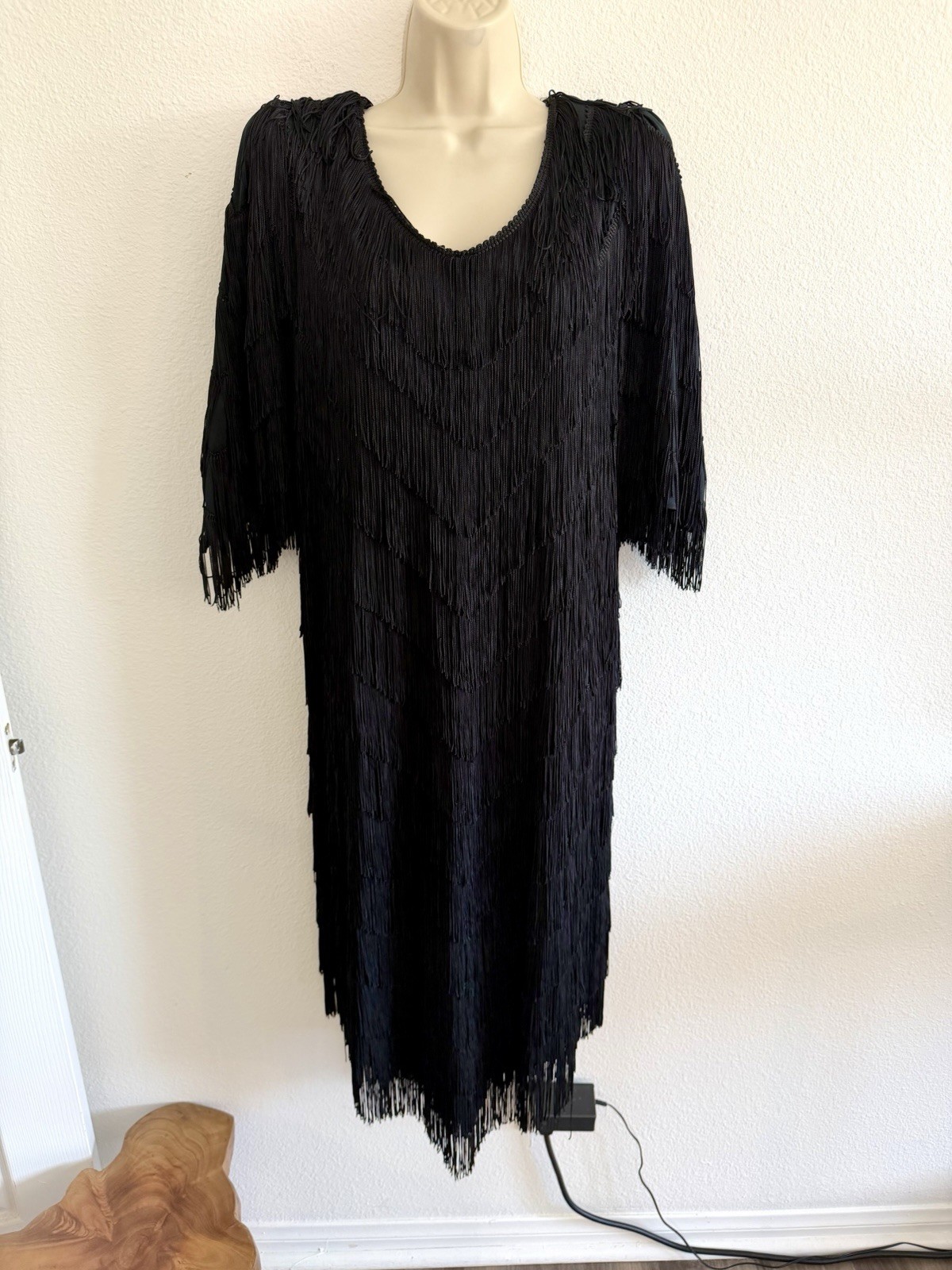 Vintage 80s Fully Fringe Dress Black Sz XL Flapper Knee Length Art Deco Cocktail