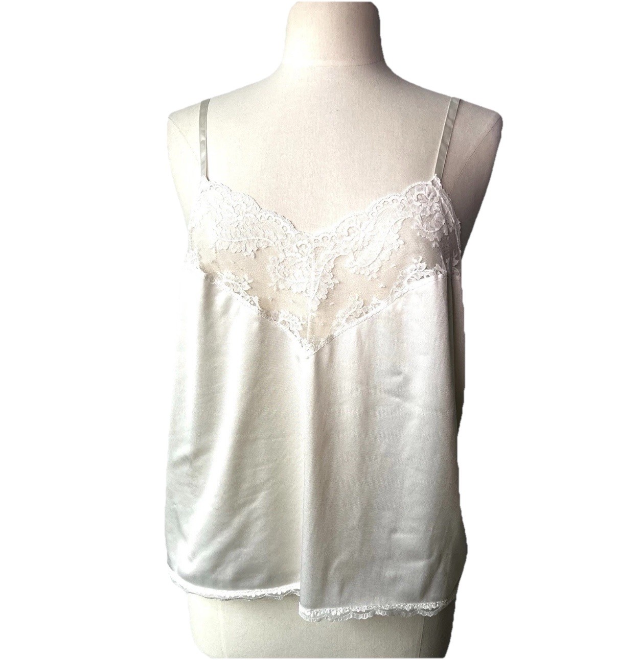 VTG 80s Cream Lace Camisole Slip Tank Womens Size 38 Nylon MADE IN USA See Photo