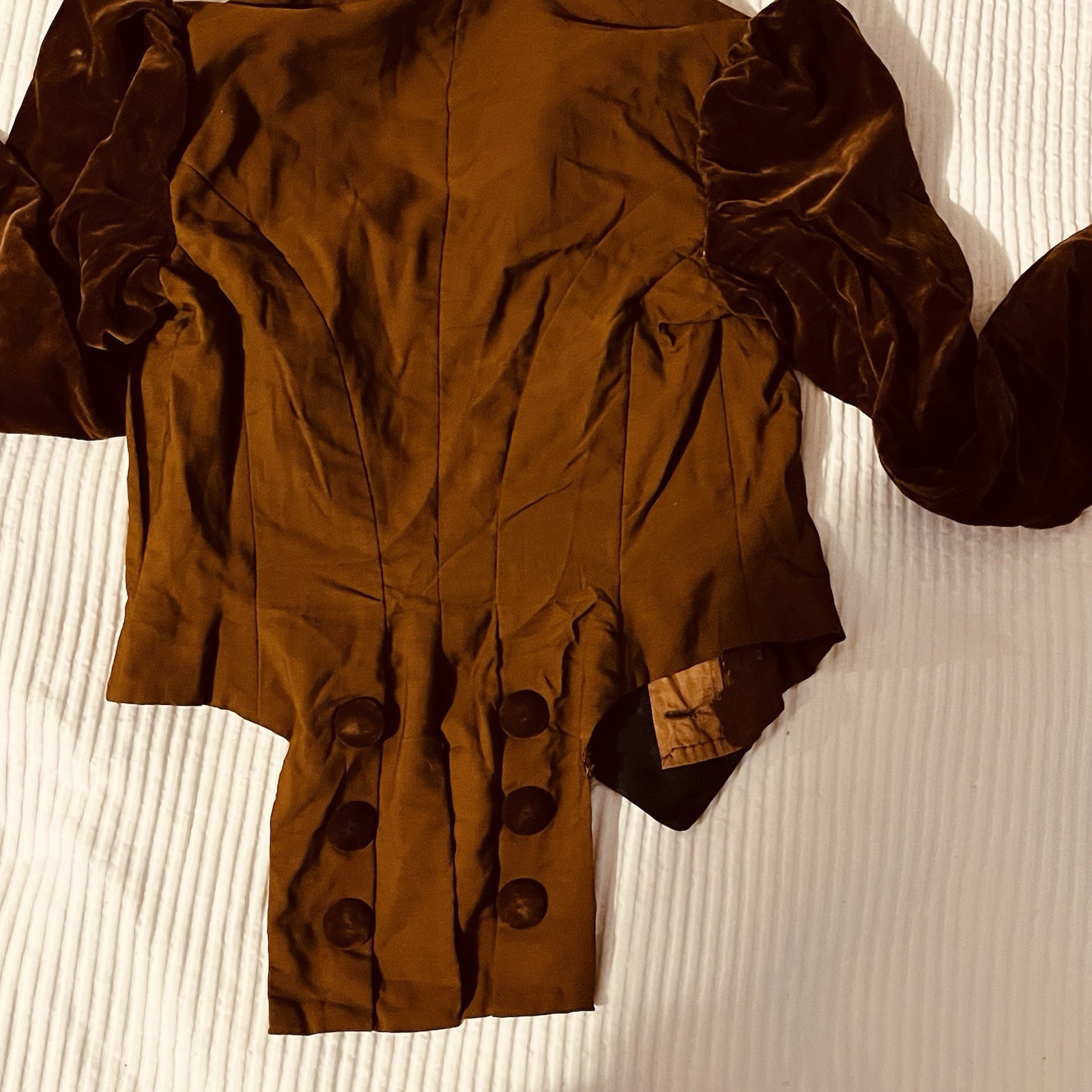 Antique Edwardian Boned Waist Jacket Velvet Trim & Puff Sleeves-Smocked-Coattail