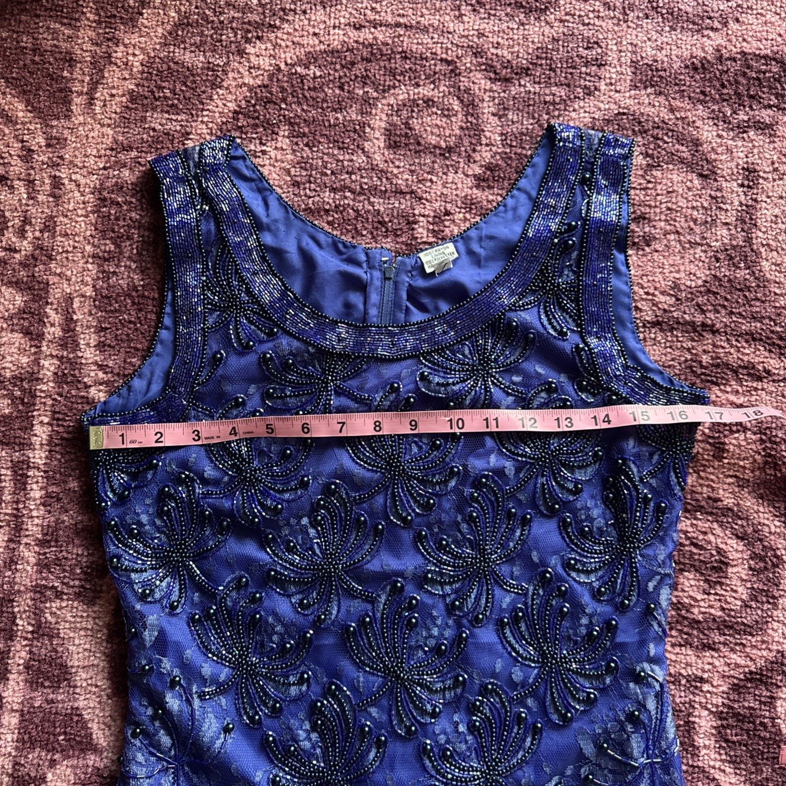 Vintage Fully Beaded Royal Blue Lace Party Dress (Size M-L) Special Occasion