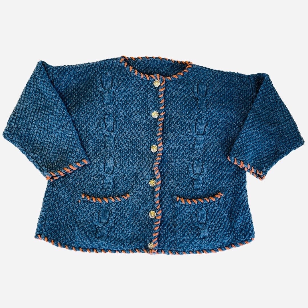 Chunky Cardigan Sweater Hand Knit Granny Whipstitch Trim Salzburg Buttons Indigo