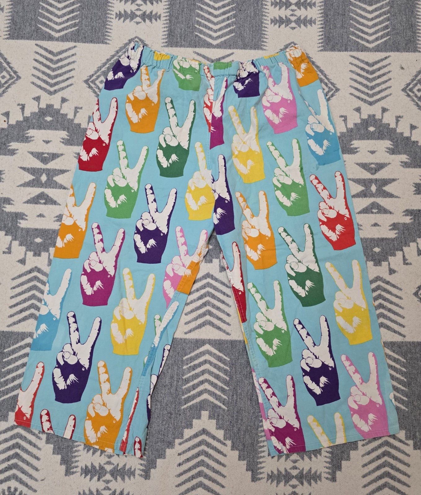 Vintage 1960s Peace Sign Hand Print Lounge Pants Hippie Mod Novelty Cotton 26-36