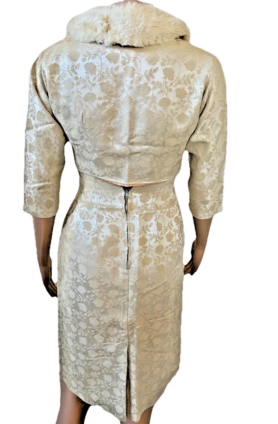 VTG 50s 2 Pc Fur Collar Crop Jacket & Ivory Damask Pencil Dress Suit Set Small**