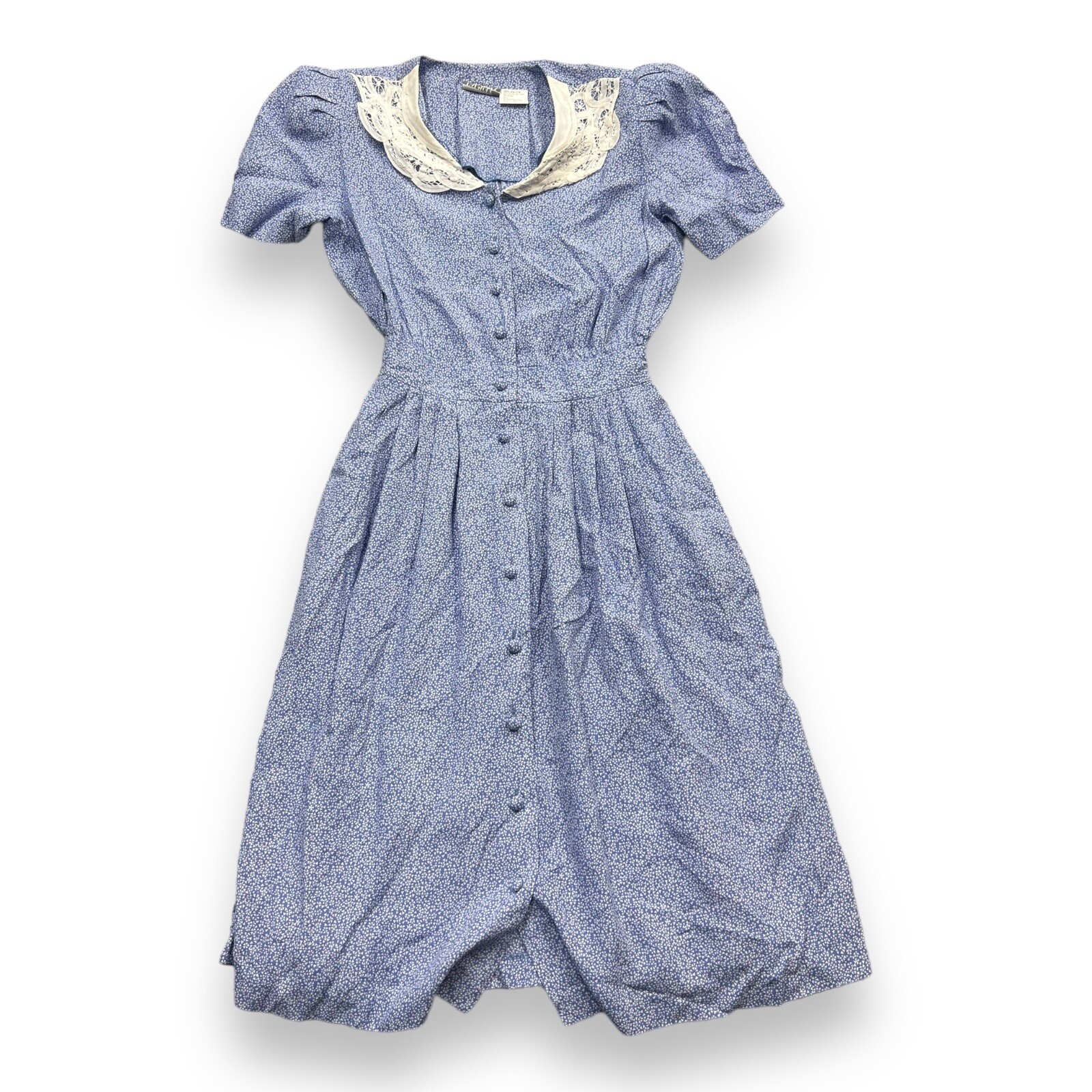 Vintage 80s Halamode Patties Bleu Rayon Colonial Style Dress 14 Lace Accent