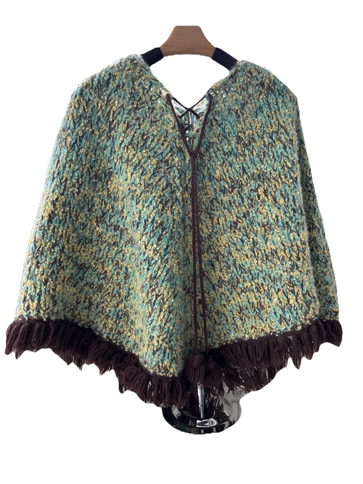 Vintage Wool Poncho Handmade W/Drawstring Opening Fringe Aqua Blue Yellow Brown