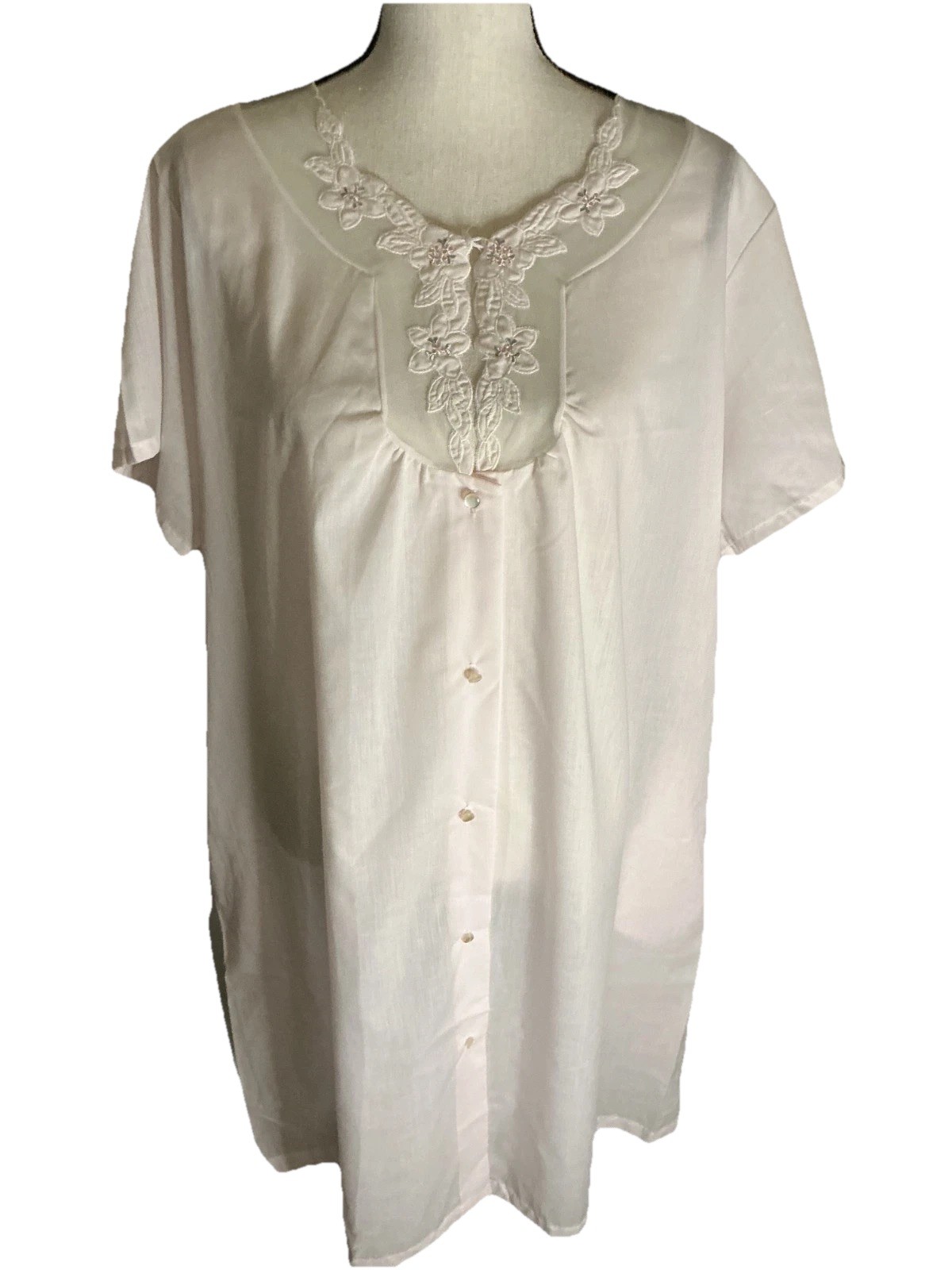 Vintage Katz Night Gown Light Pink Button Up Embroidered Lace Yoke 1960&rsquo;s