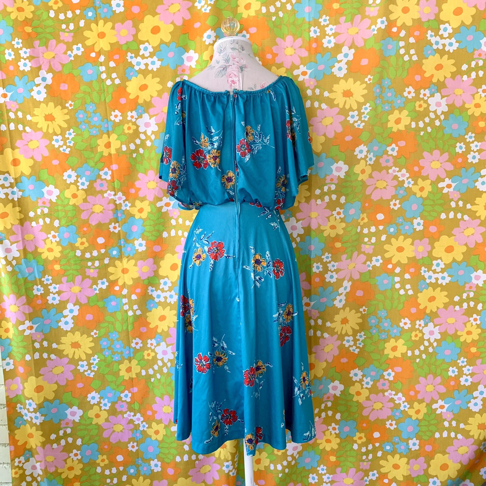 vintage 70s teal floral dress XS/S