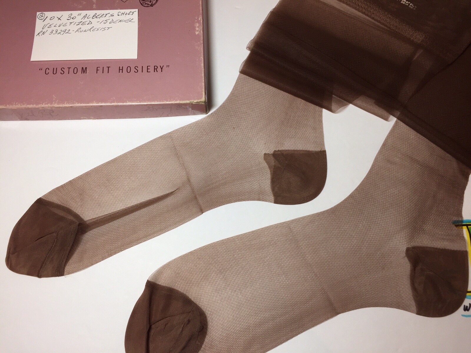 2 Vintage 1960’s Albert&rsquo;s nylons R.H.T. stockings 10 X 30” Velvetized 15 Denier