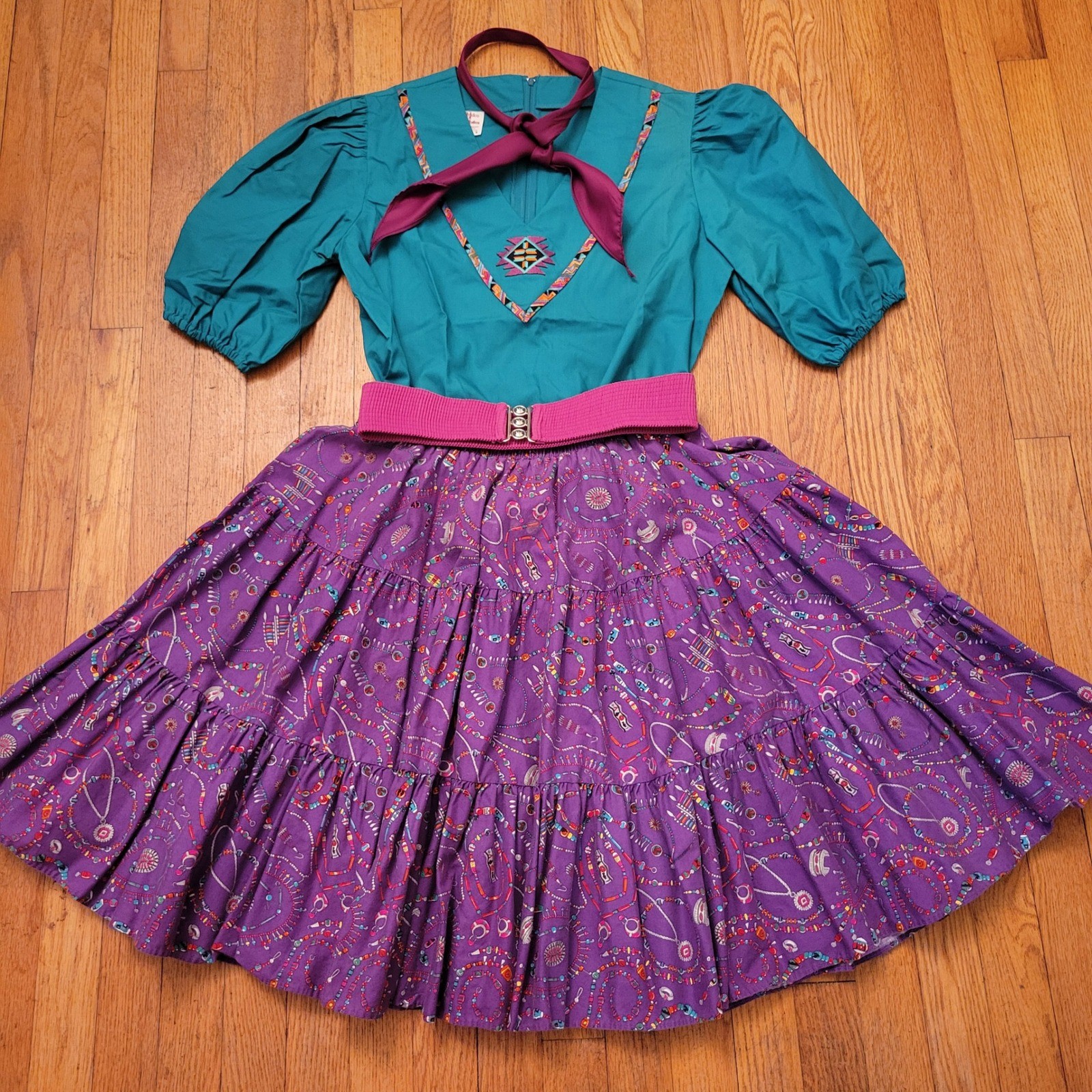Malco Modes M Square Dance 5 Pc Teal Purple Southwestern Skirt Top Belt Hanky