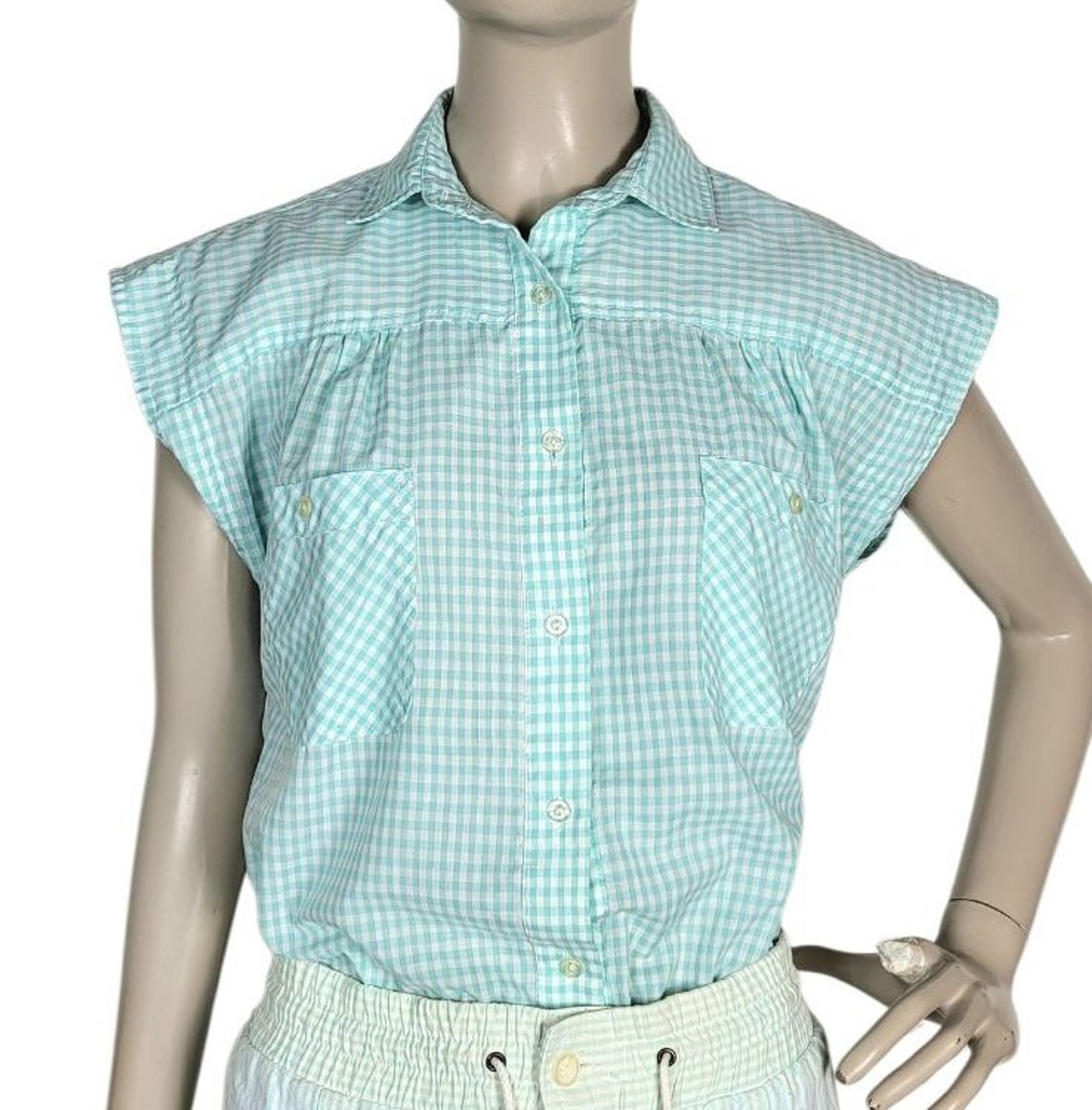 Vintage 80s Linnay Blue/White Check Cap Sleeve Button-Down Womens Shirt