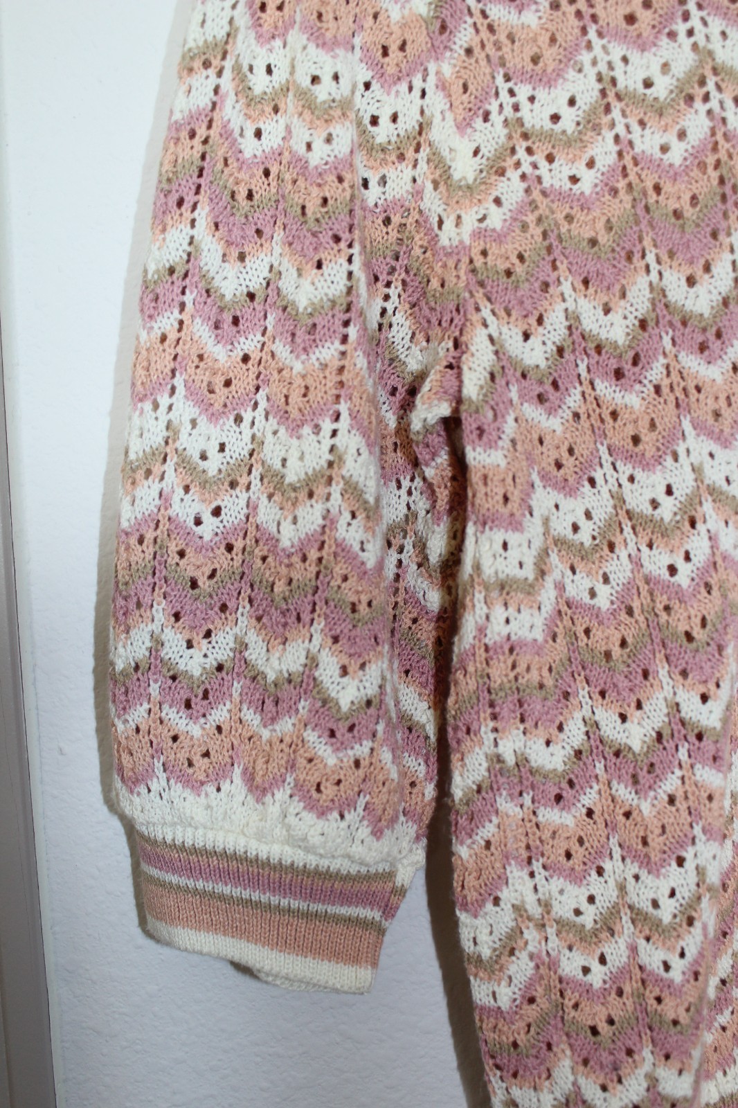 VTG College Town Chevron Knit Sweater Small Pink Cream Open Knit 70s Retro S XS