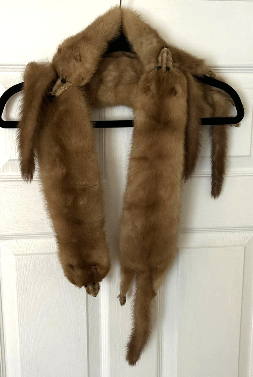 Vtg 1930&rsquo;s 1940’s Brown Full Mink Fur 4 Pelt Stole Scarf Heads, Tails & Feet