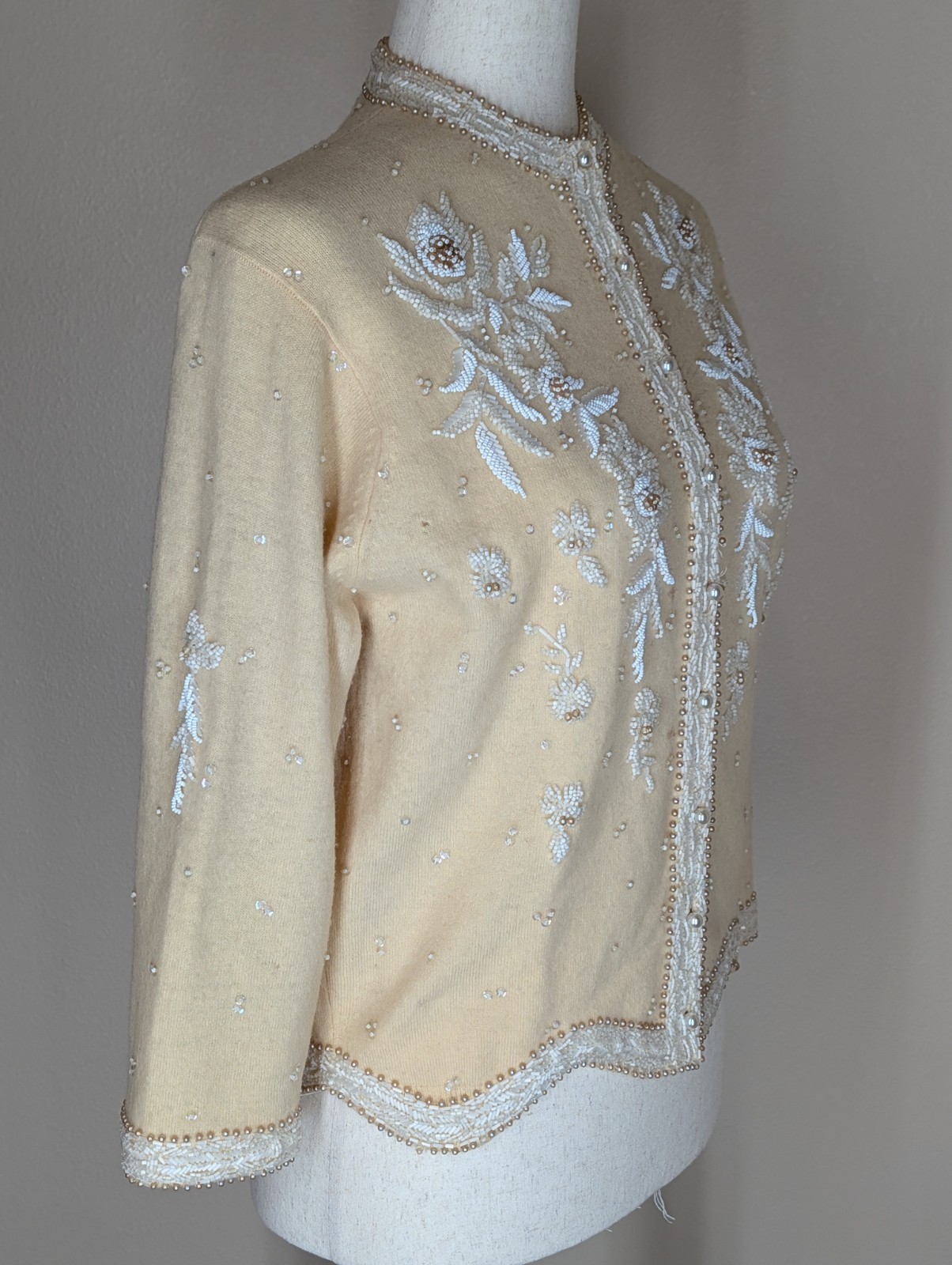 Vintage 1950s Hand Beaded Cardigan Cream With White Floral Beading Size Small