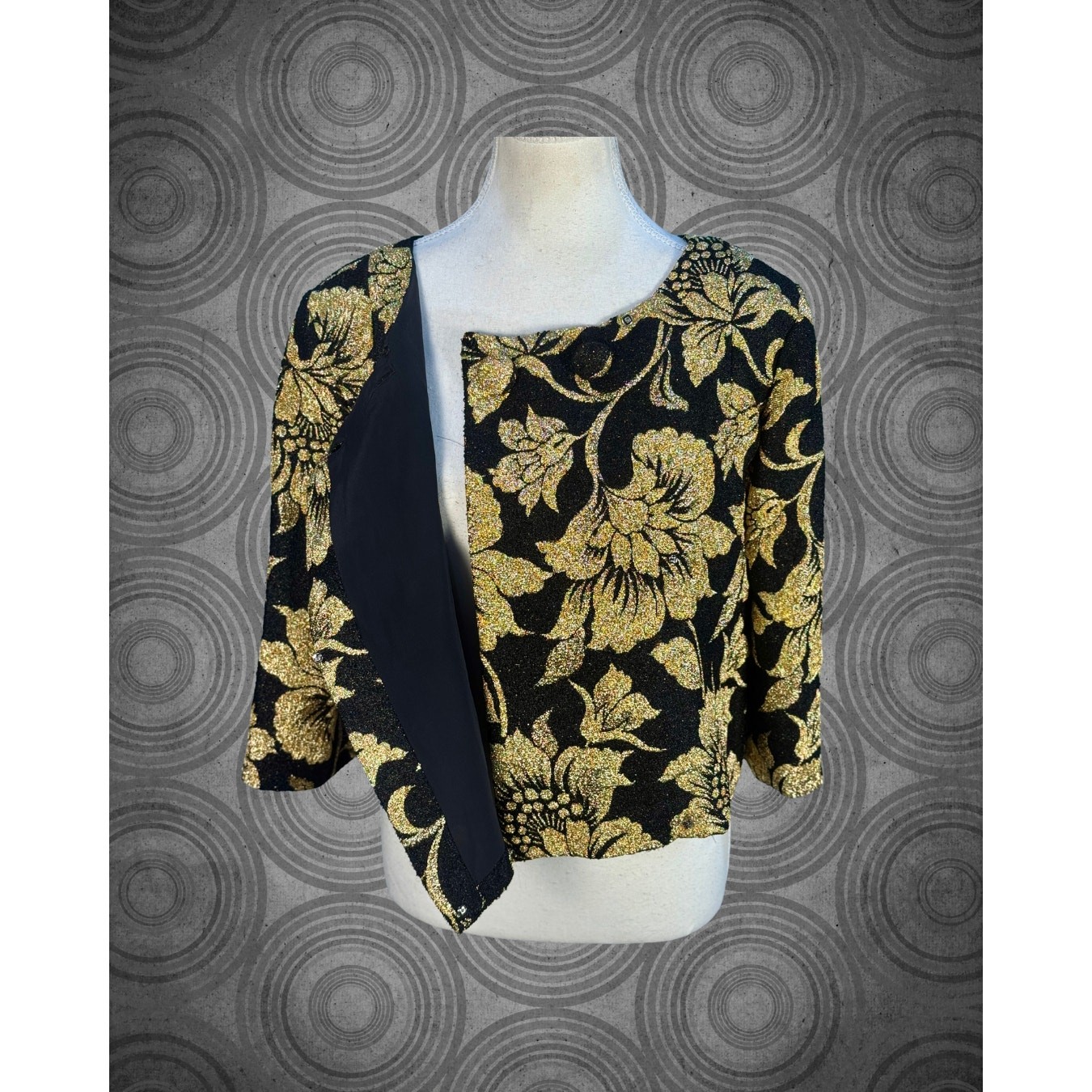 Vintage 60s Gold Lurex Black Floral Brocade Bolero Crop Evening Coat L