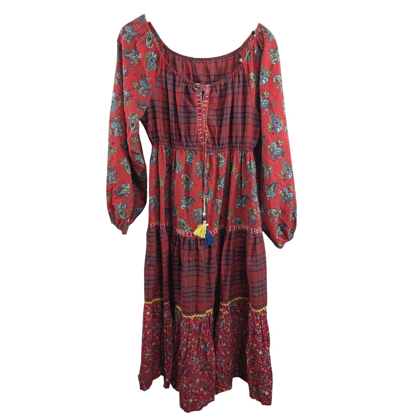 Young Edwardian by Arpeja Womens 1970s Tiered Tassel Midi Peasant Dress 11 Red