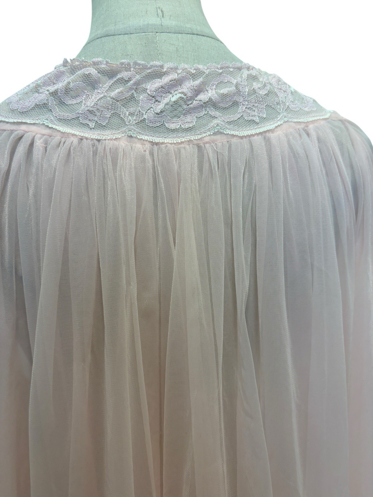 Vtg Pink Sheer Peignoir Robe Open Front Lace Sz L/XL Romantic Boudoir Coquette