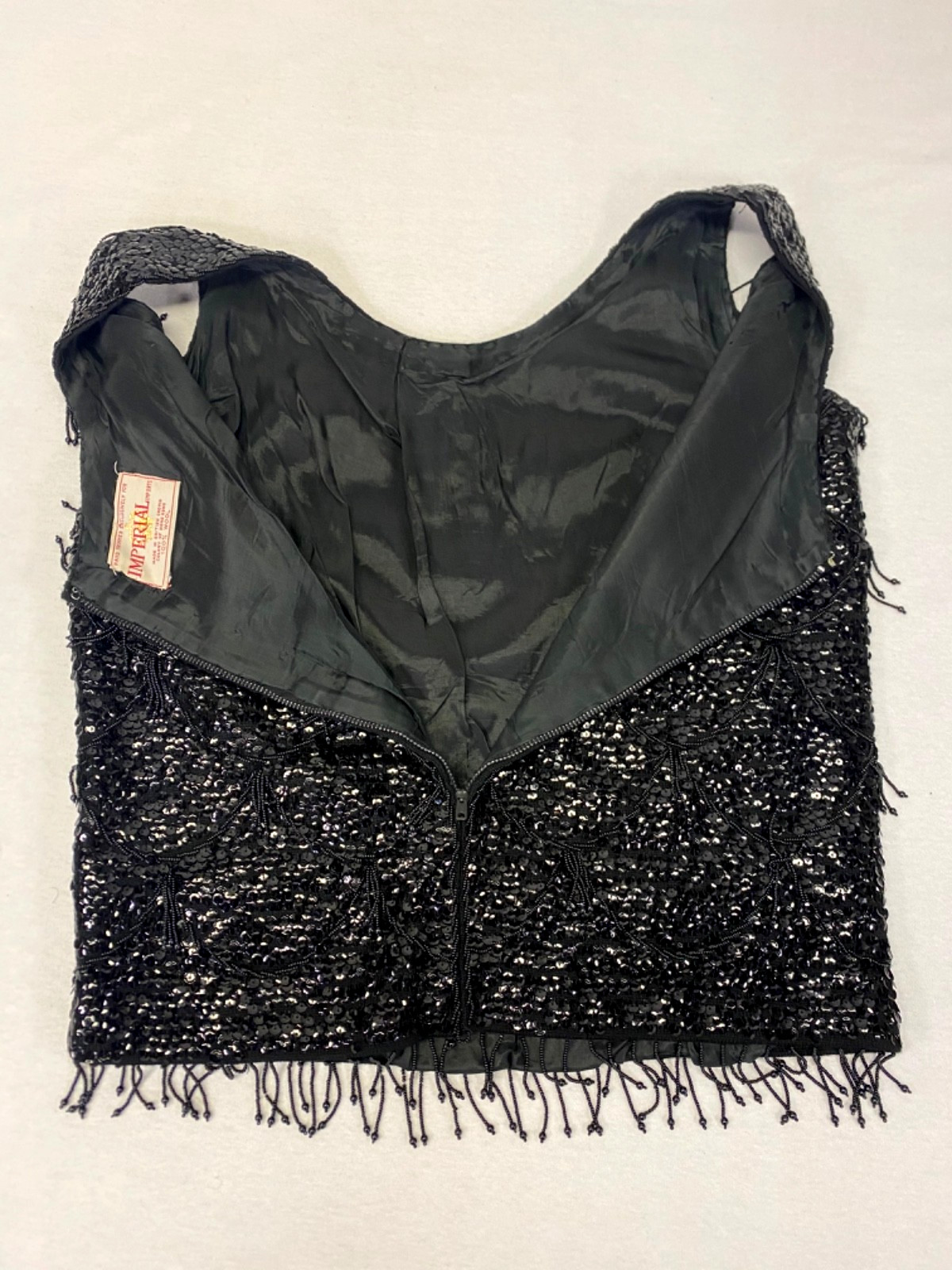Vintage Sequin Beaded Blouse Black Flapper Top Imperial Imports Hong Kong 50s