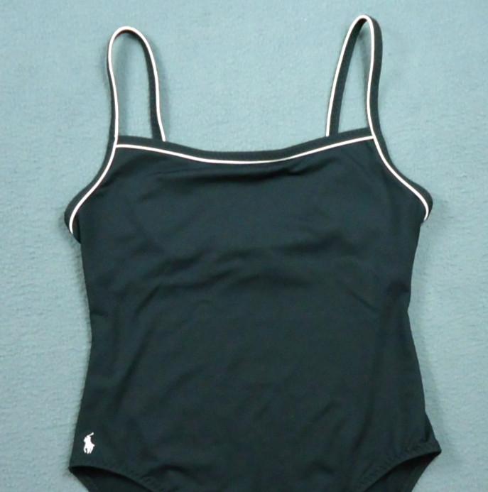 Vintage Ralph Lauren Swimsuit Women 14 Blue White Pony Trim Coastal Nautical 90s